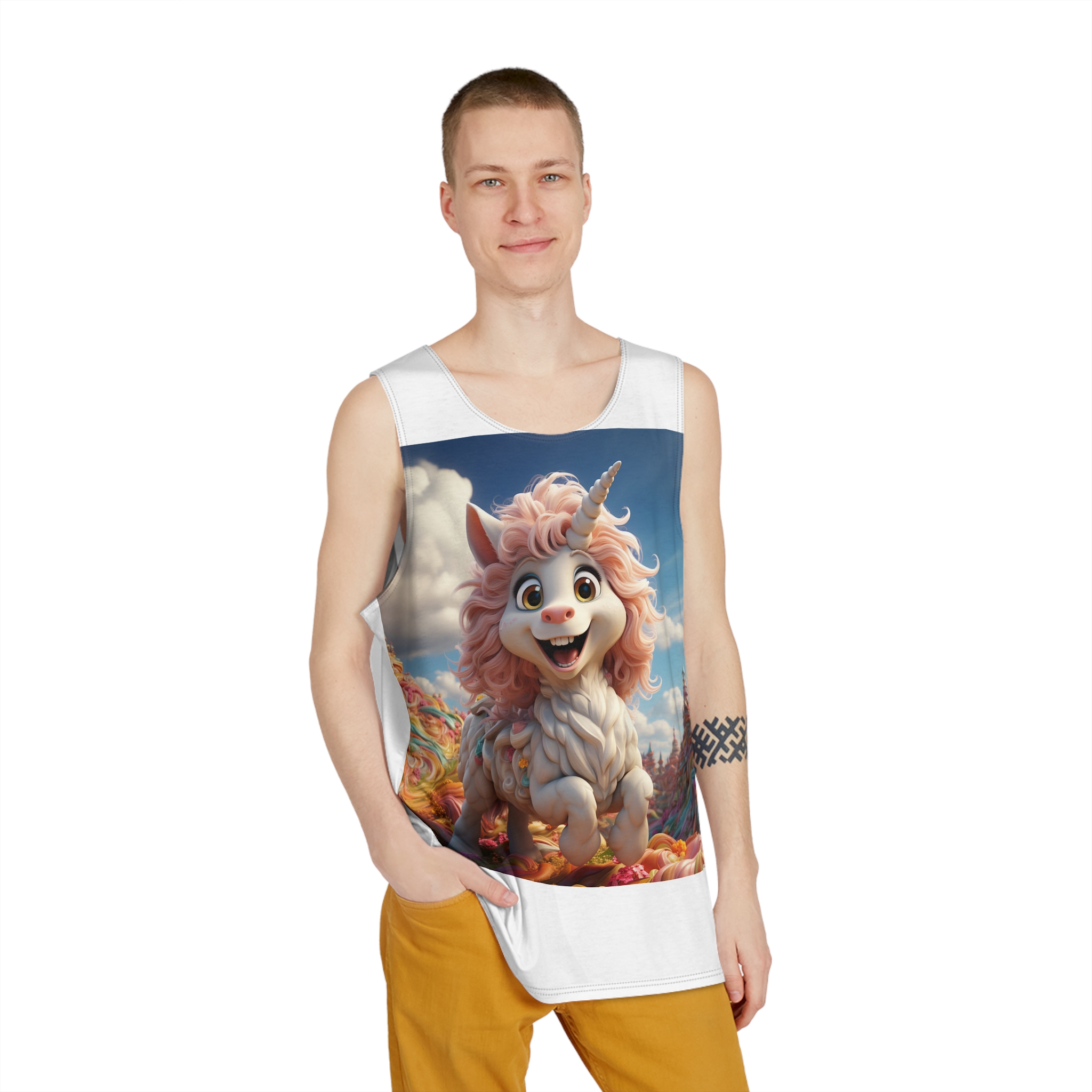 There Is Cartoon Unicorn That Is Standing Field Candy Generative Ai Mens Tank Aop - Image 3