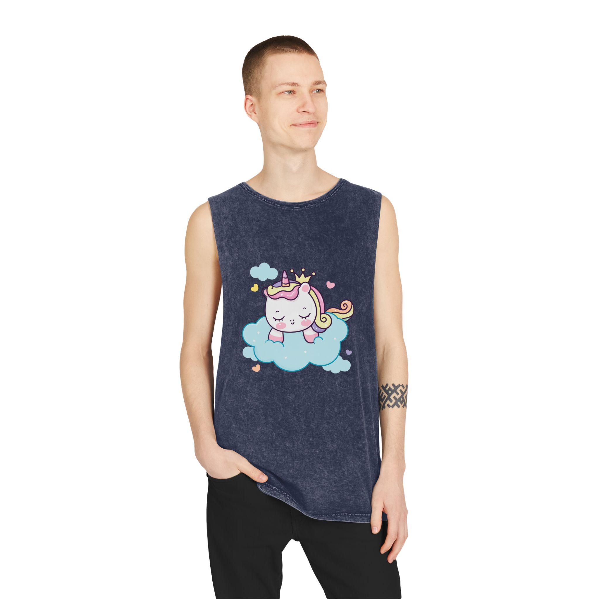 Cute Unicorn Princess Cartoon Sleep Cloud Kawaii Clipart Unisex Stonewash Tank Top - Image 15