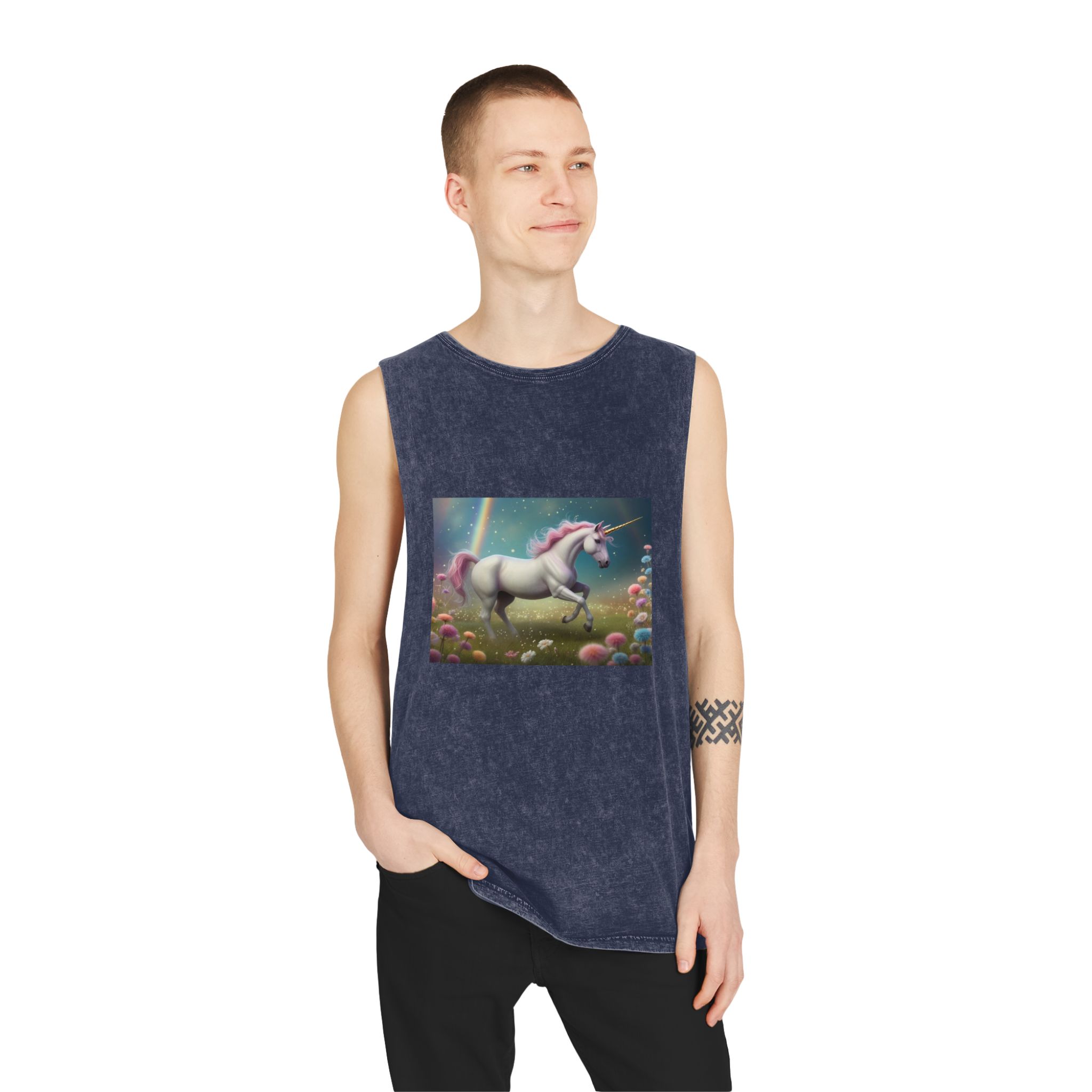 Beautiful Unicorn Running Magical Meadow Unicorn Background Images Whimsical Unicorn (15) Unisex Stonewash Tank Top - Image 15