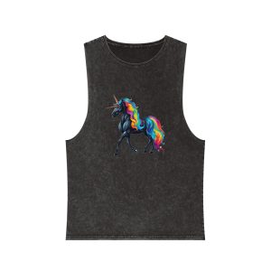 Black Unicorn With Rainbow Mane Horn Generative Ai Unisex Stonewash Tank Top
