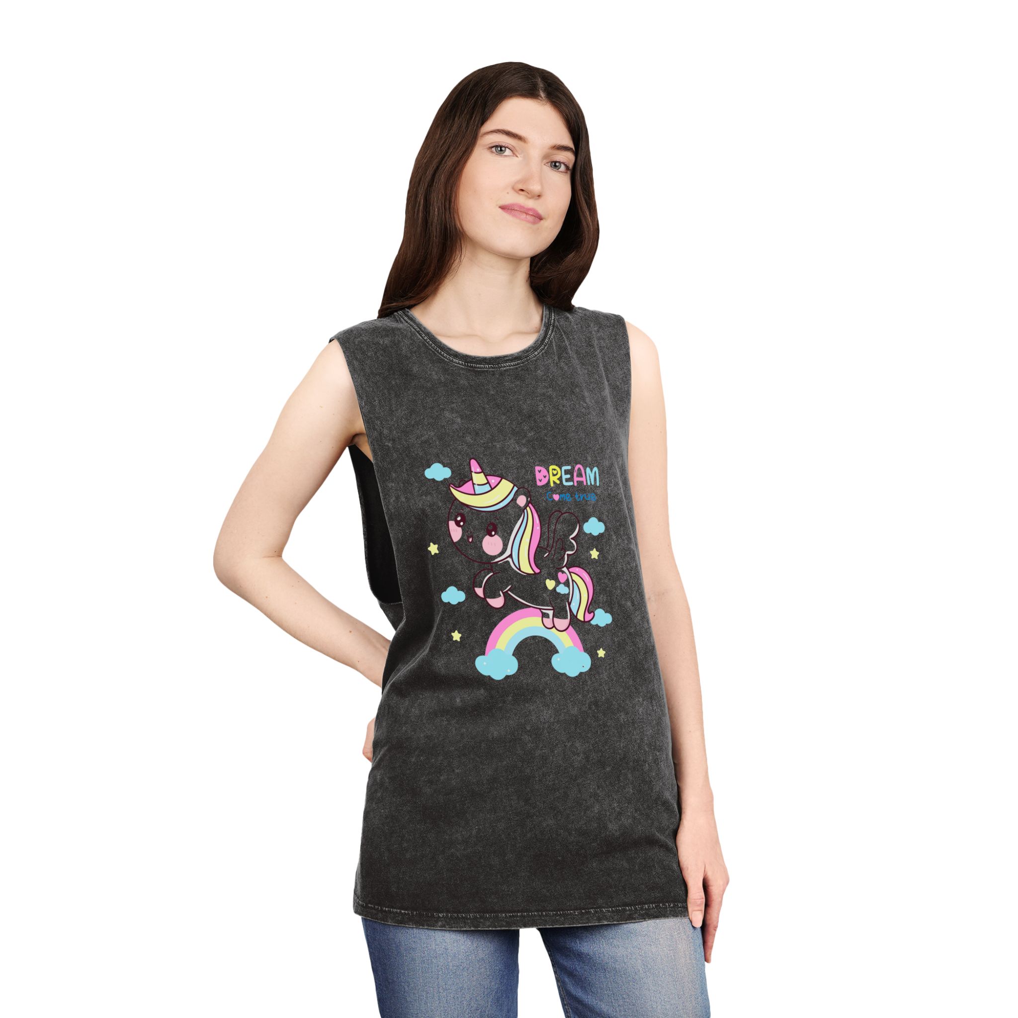 Cute Unicorn Pegasus Cartoon Fly Pastel Rainbow Kawaii Animal Unisex Stonewash Tank Top - Image 4