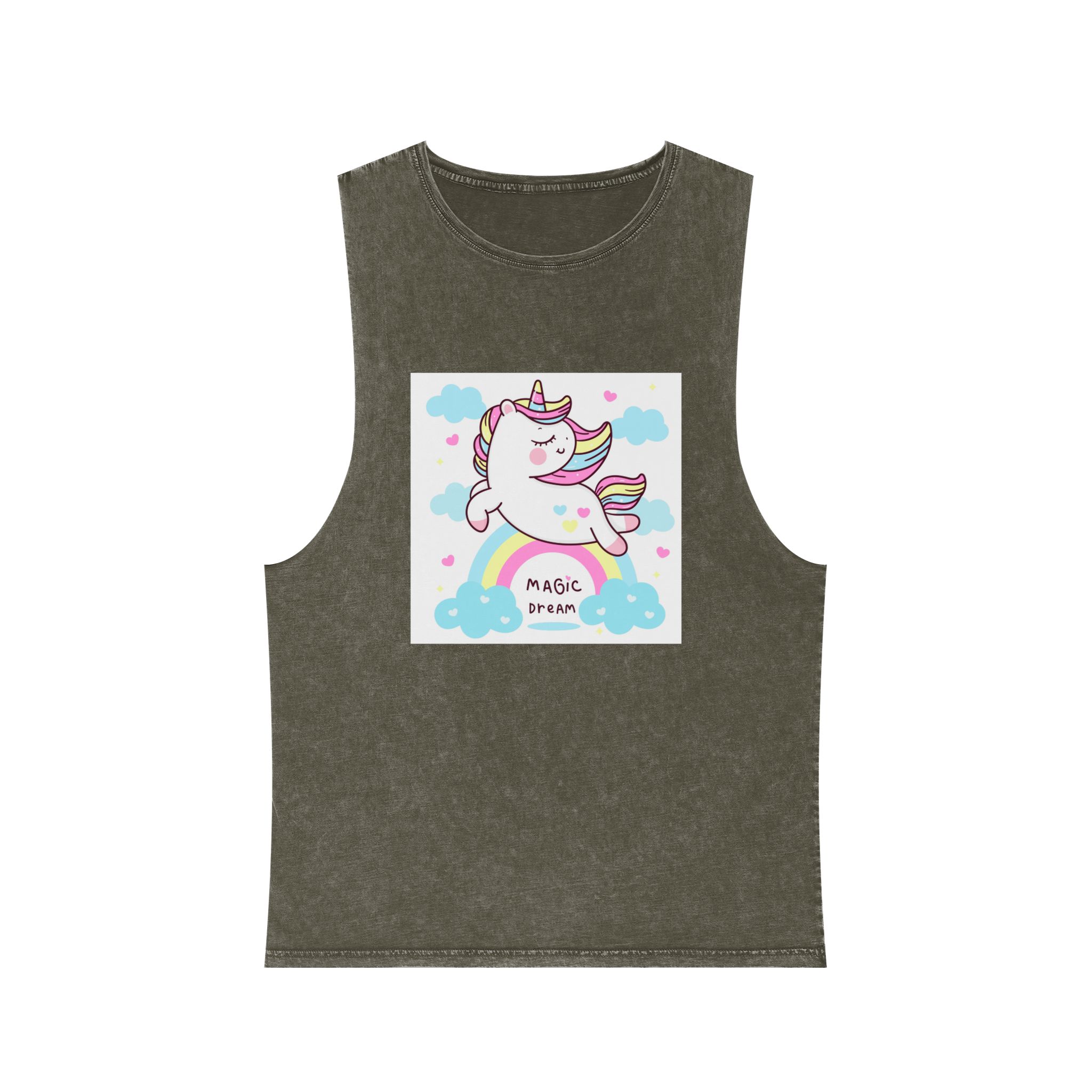 Cute Unicorn Pegasus Vector Fly On Sky With Rainbow Sweet Heart and Cloud Pony Cartoon Pastel Background Valentines Day Unisex Stonewash Tank Top - Image 5