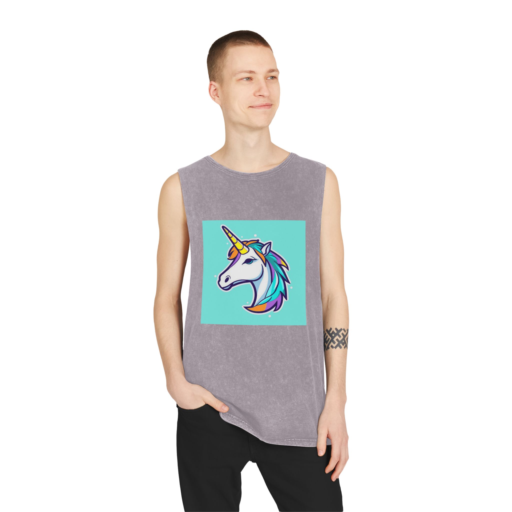 Cartoon Unicorn Head Vector With Maximum 16 Colors I 3 Unisex Stonewash Tank Top - Image 19