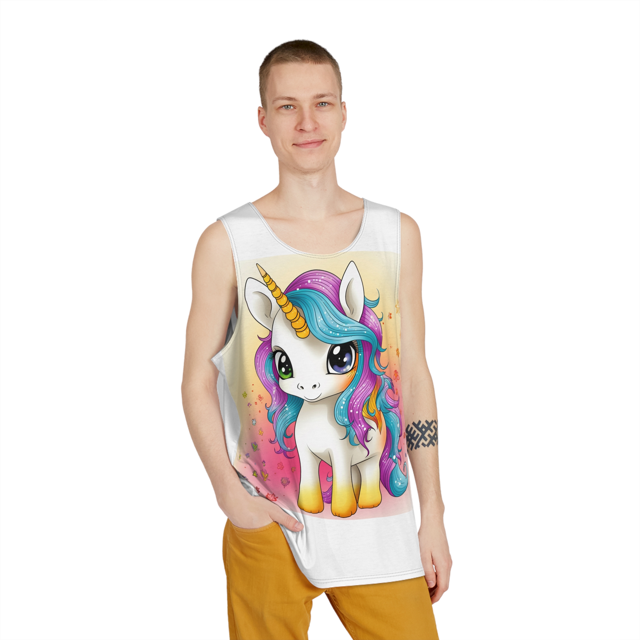 Close Up Cartoon Unicorn With Colorful Mane Generative Ai Mens Tank Aop - Image 3