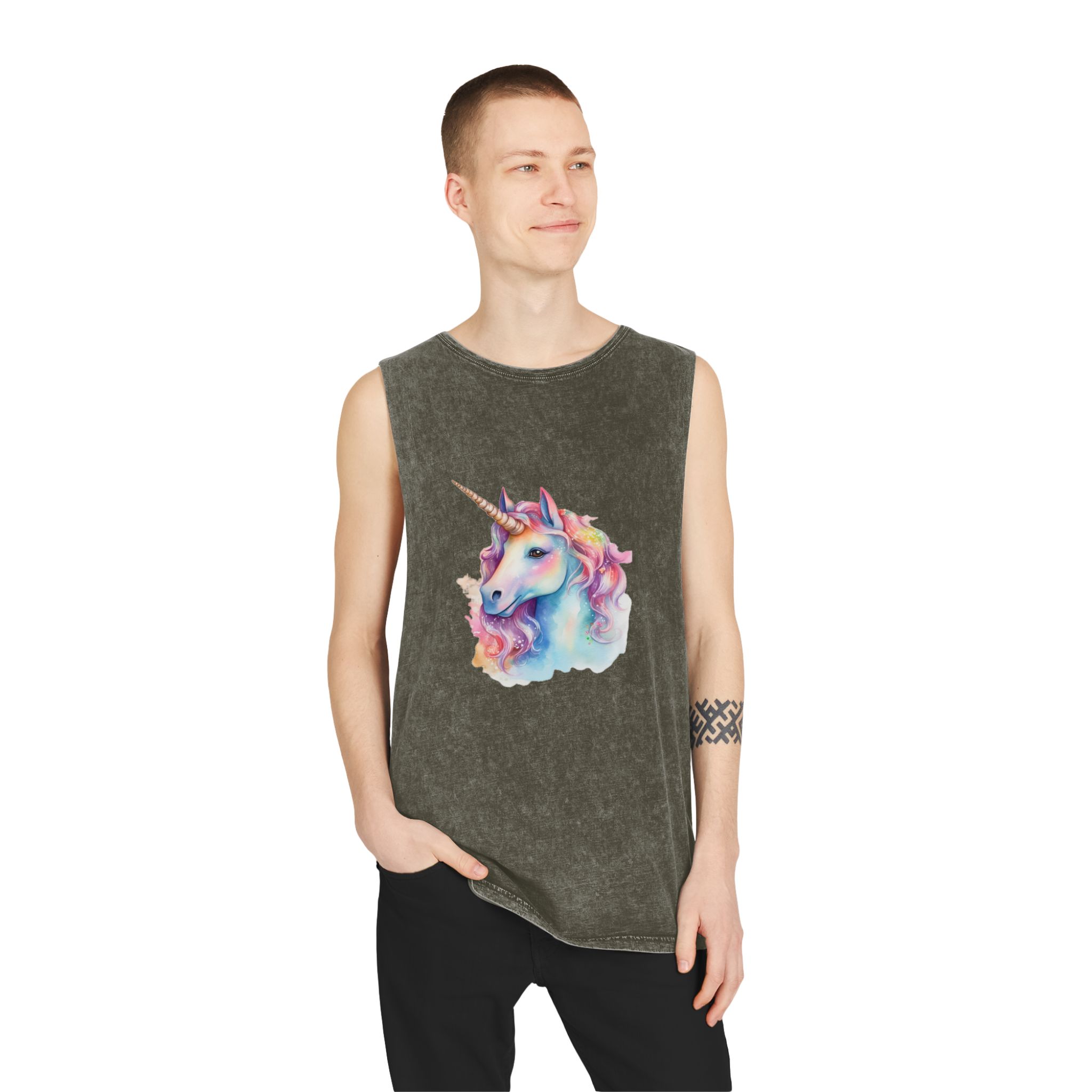 Painting Unicorn With Long Mane Colorful Mane Generative Ai Unisex Stonewash Tank Top - Image 7