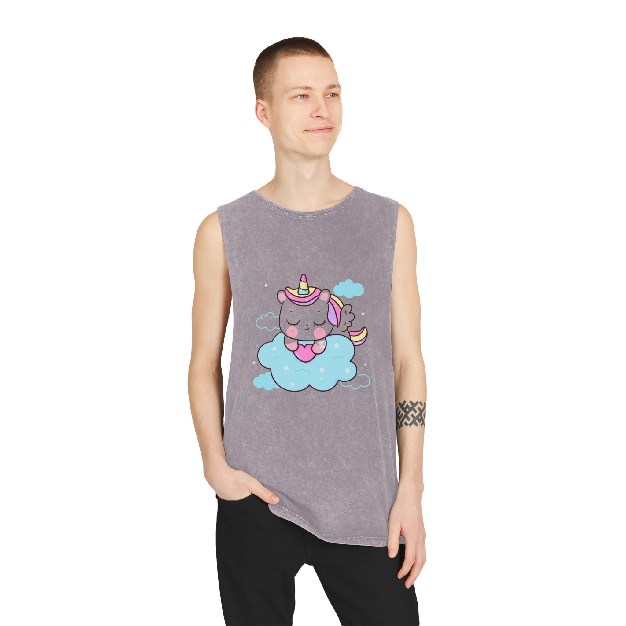 Cute Unicorn Pegasus Cartoon Sleep Holding Heart Cloud Kawaii Animal Unisex Stonewash Tank Top - Image 19