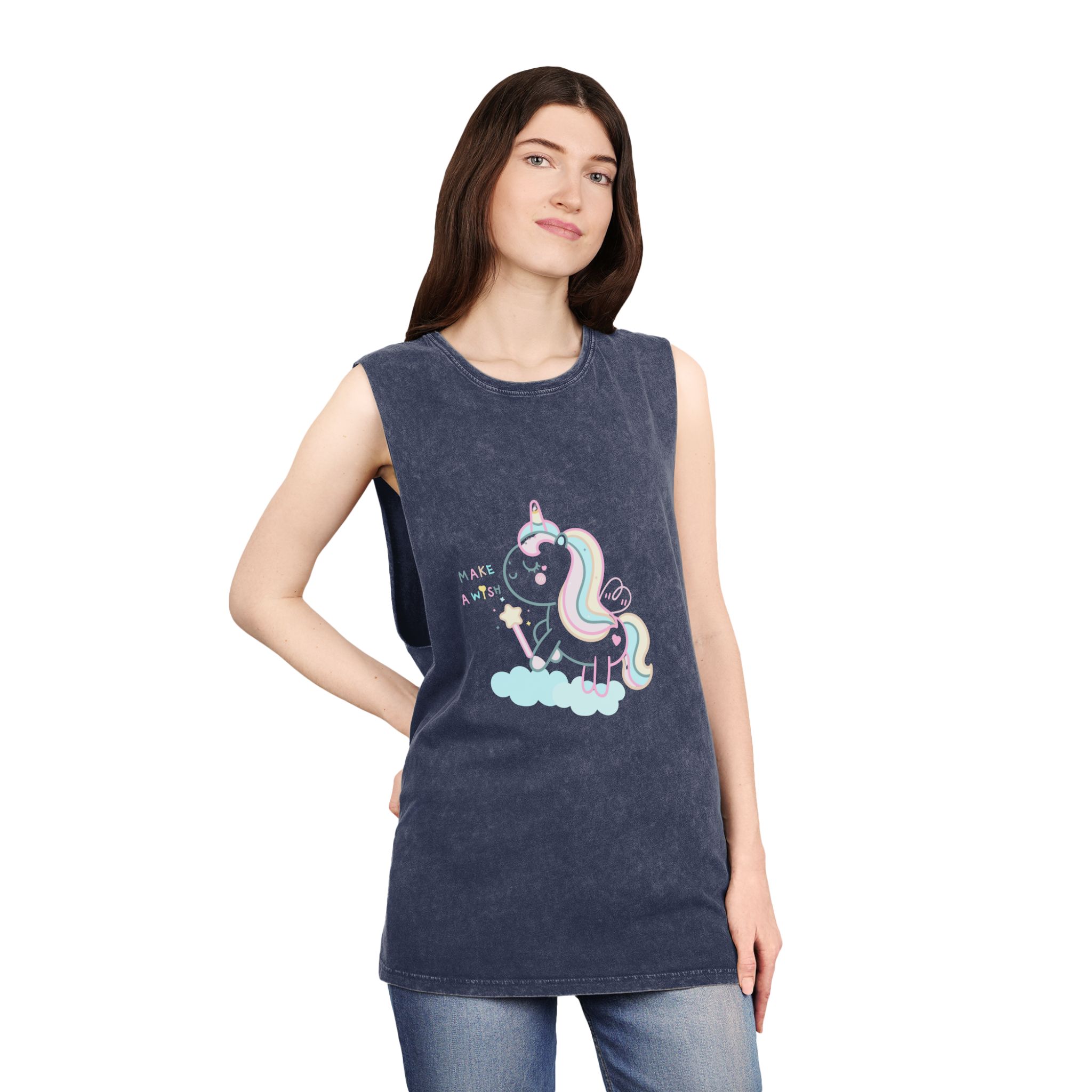 Cute Unicorn Pastel Holding Magic Wand Unisex Stonewash Tank Top - Image 16