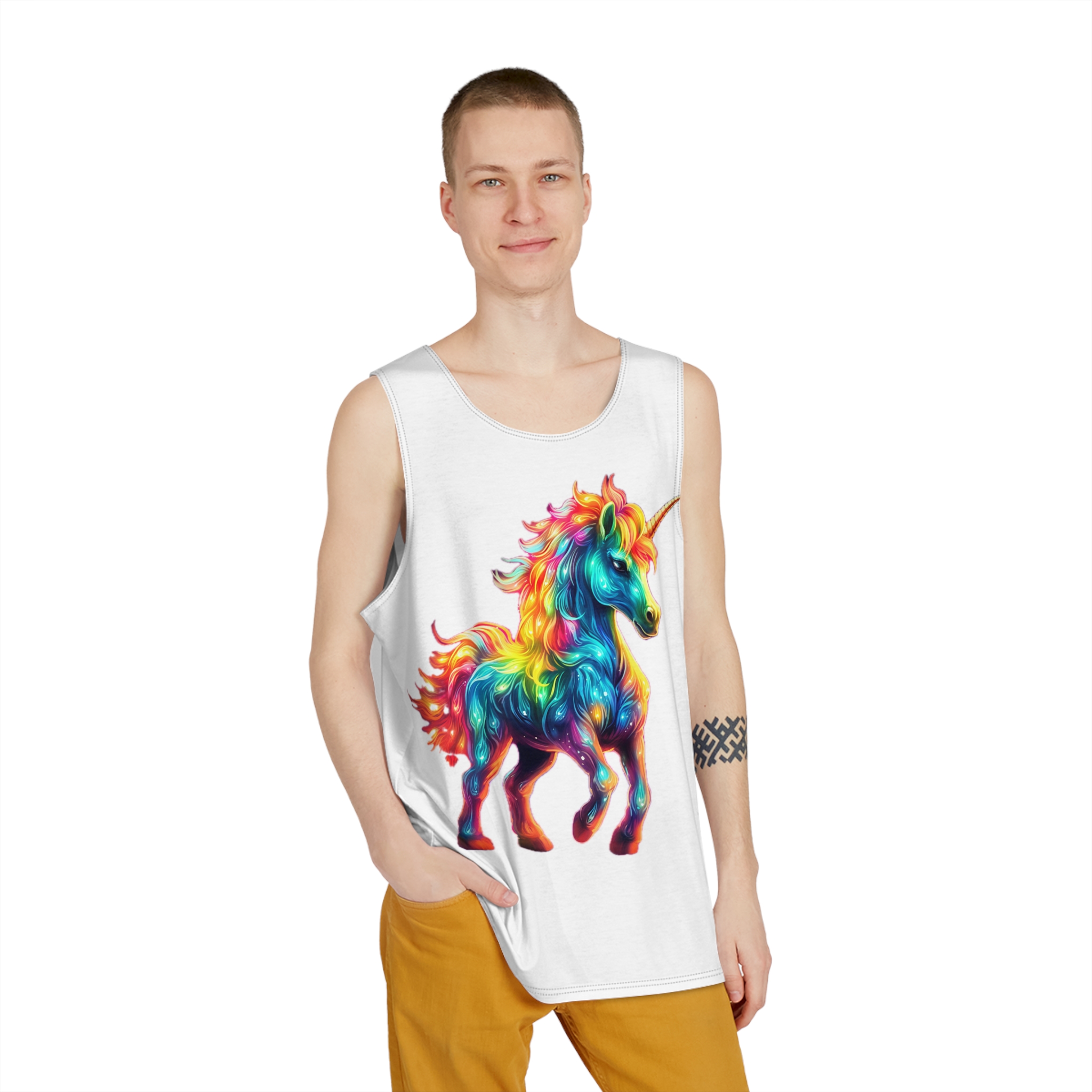 Unicorn With Colorful Mane Glowing Manes Purple Background Generative Ai Mens Tank Aop - Image 3