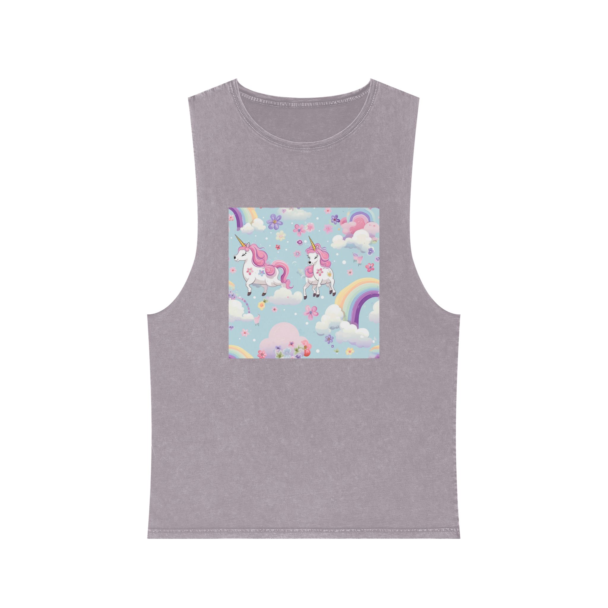 Playful Unicorns Among Flowers Clouds Rainbows Ice Creams Pastel Background Unisex Stonewash Tank Top - Image 17