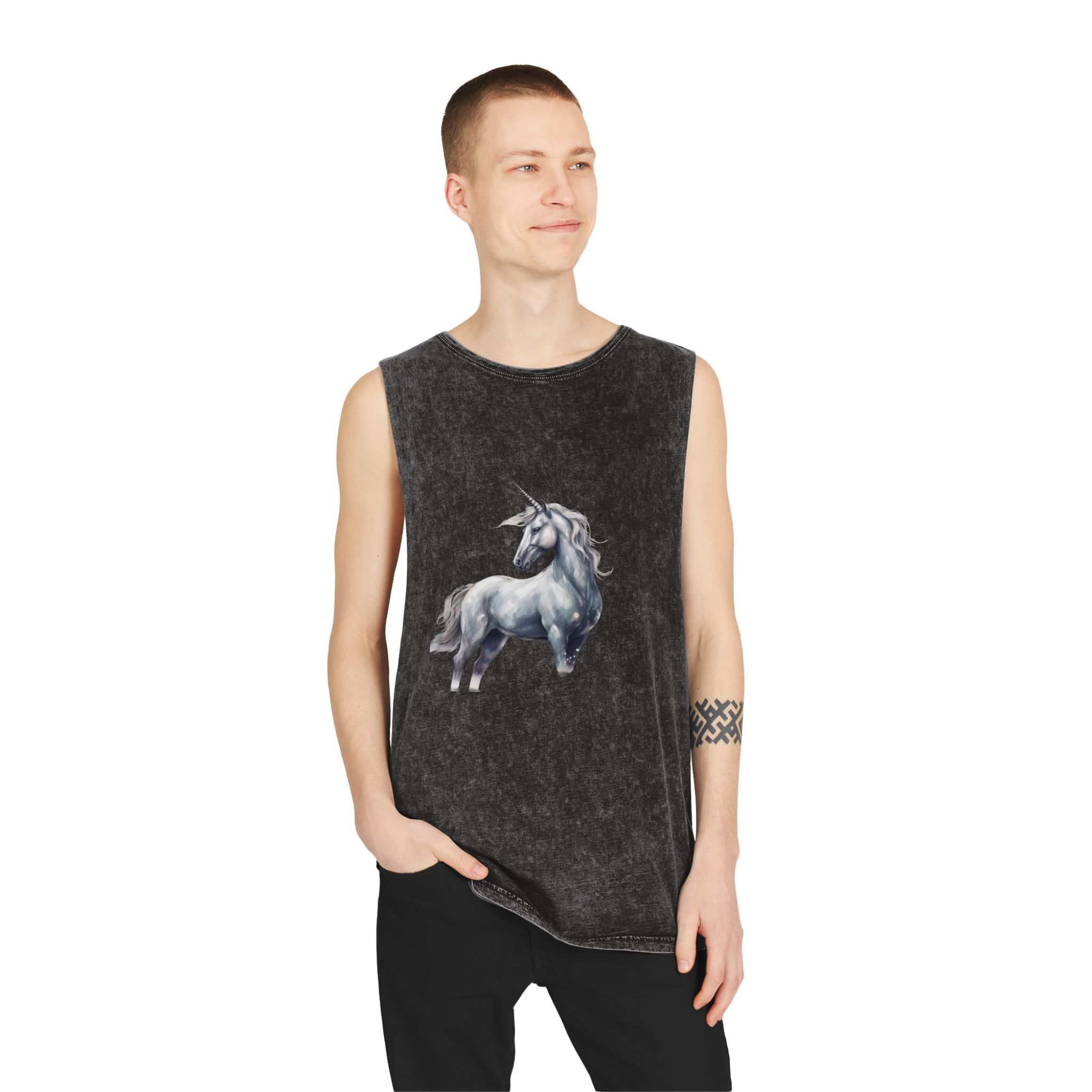 Painting White Unicorn With Long Horn Standing Snow Generative Ai Unisex Stonewash Tank Top - Image 3