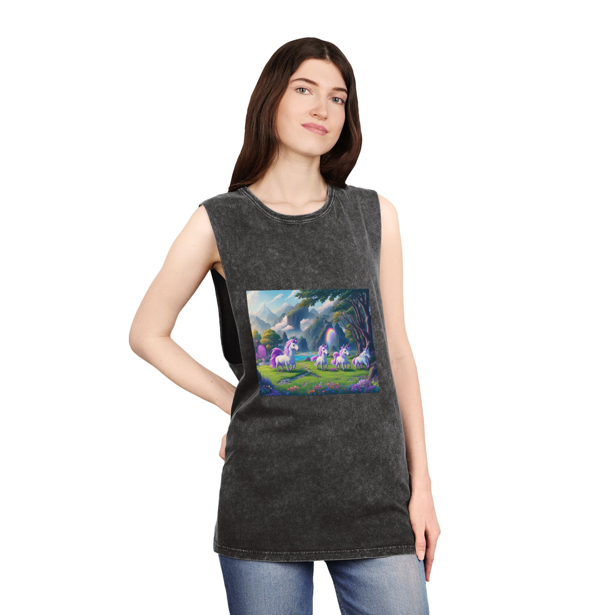 Painting Group Unicorns Landscape With Mountains Background Unisex Stonewash Tank Top - Image 4