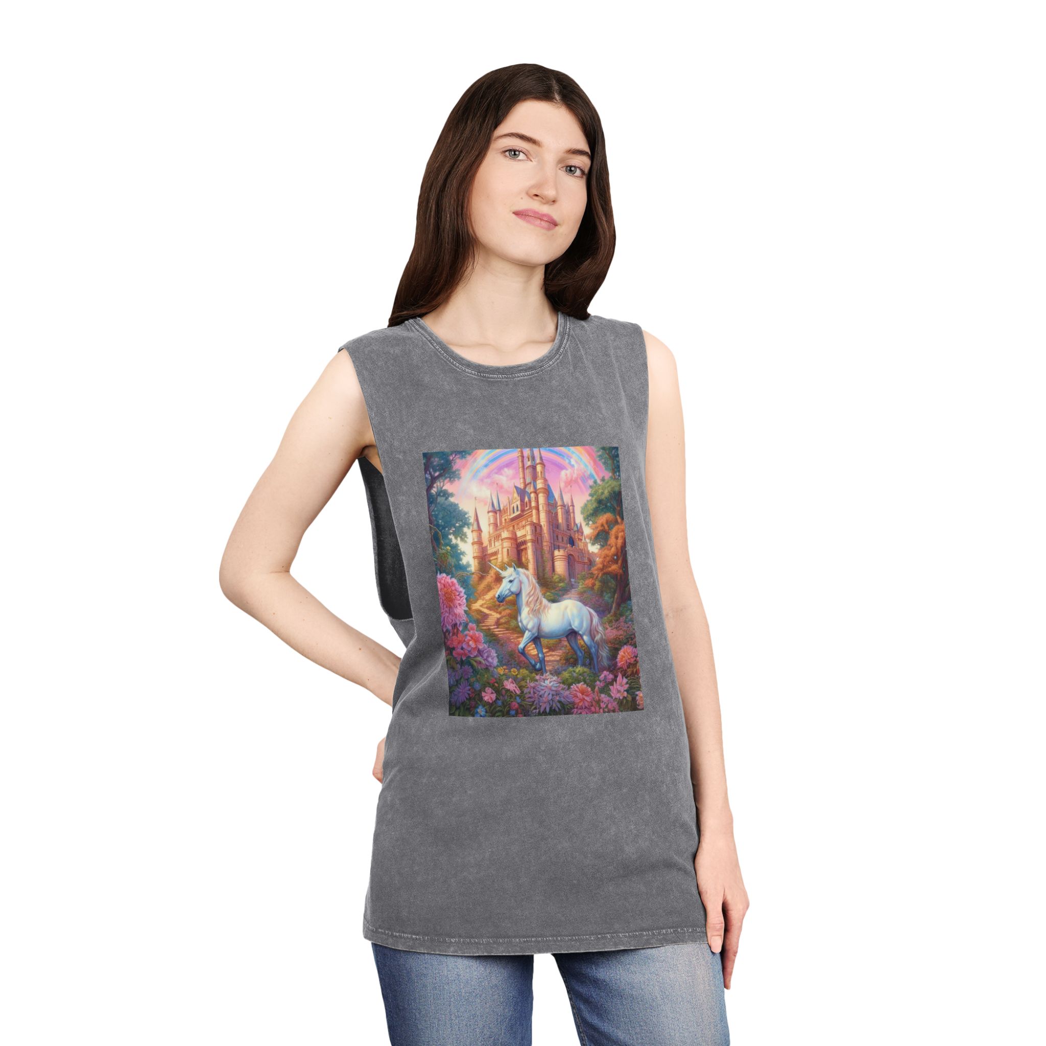 Painting Unicorn Front Castle With Rainbow Generative Ai Unisex Stonewash Tank Top - Image 12