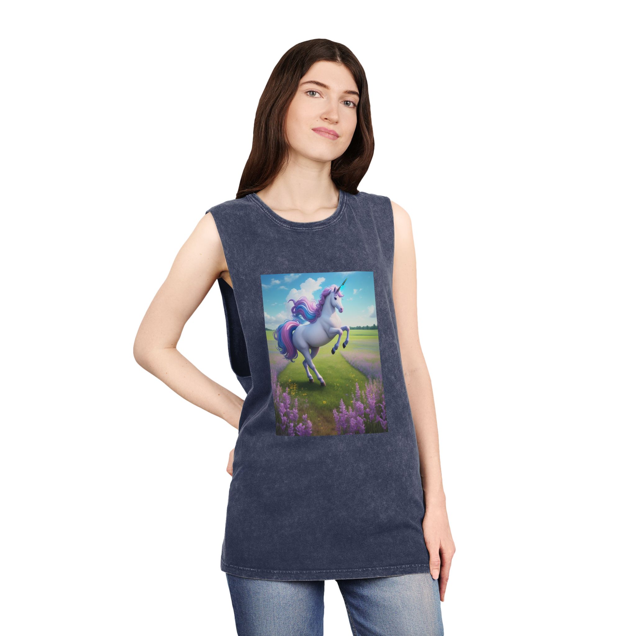 Beautiful Unicorn Running Magical Meadow Unicorn Background Images Whimsical Unicorn (24) Unisex Stonewash Tank Top - Image 16