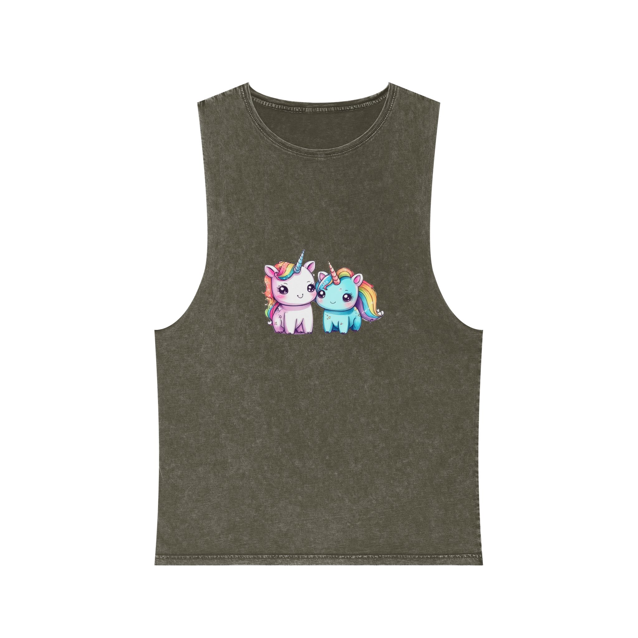 Pair Adorable Light Blue Pink Unicorns Isolated Rainbow Colors Background Unisex Stonewash Tank Top - Image 5