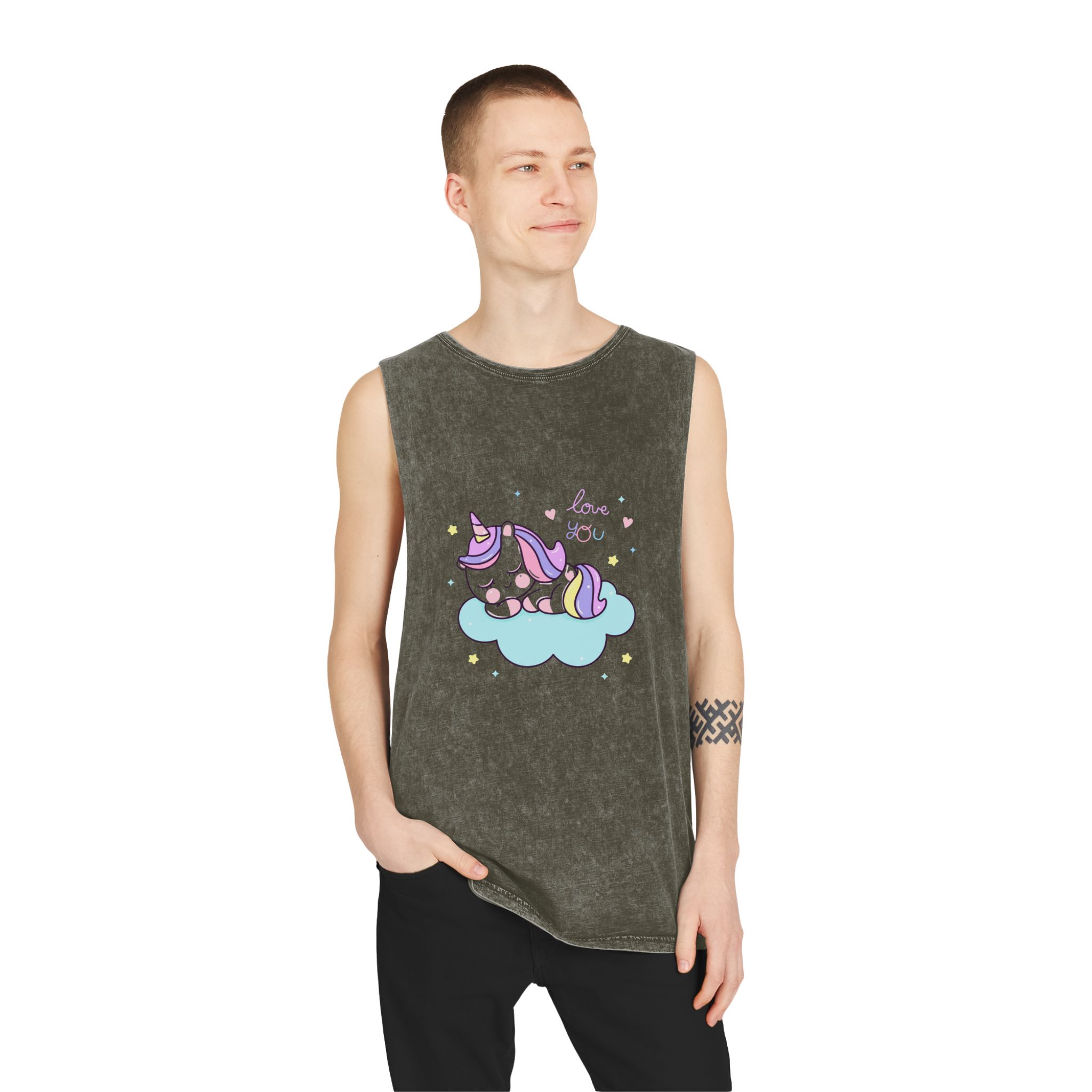 Cute Unicorn Sleep Cartoon Cloud Sweet Dream Kawaii Hand Drawn Unisex Stonewash Tank Top - Image 7