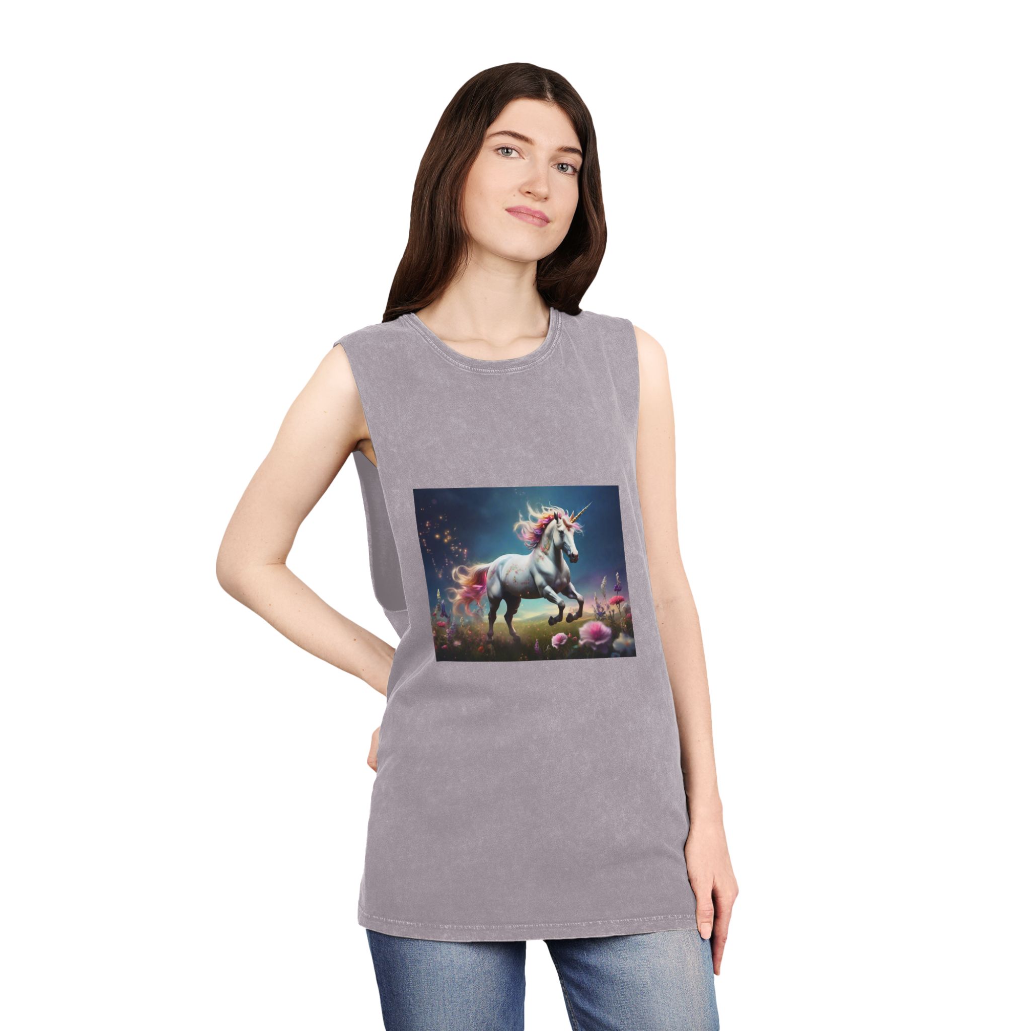 Beautiful Unicorn Running Magical Meadow Unicorn Background Images Whimsical Unicorn (18) Unisex Stonewash Tank Top - Image 20