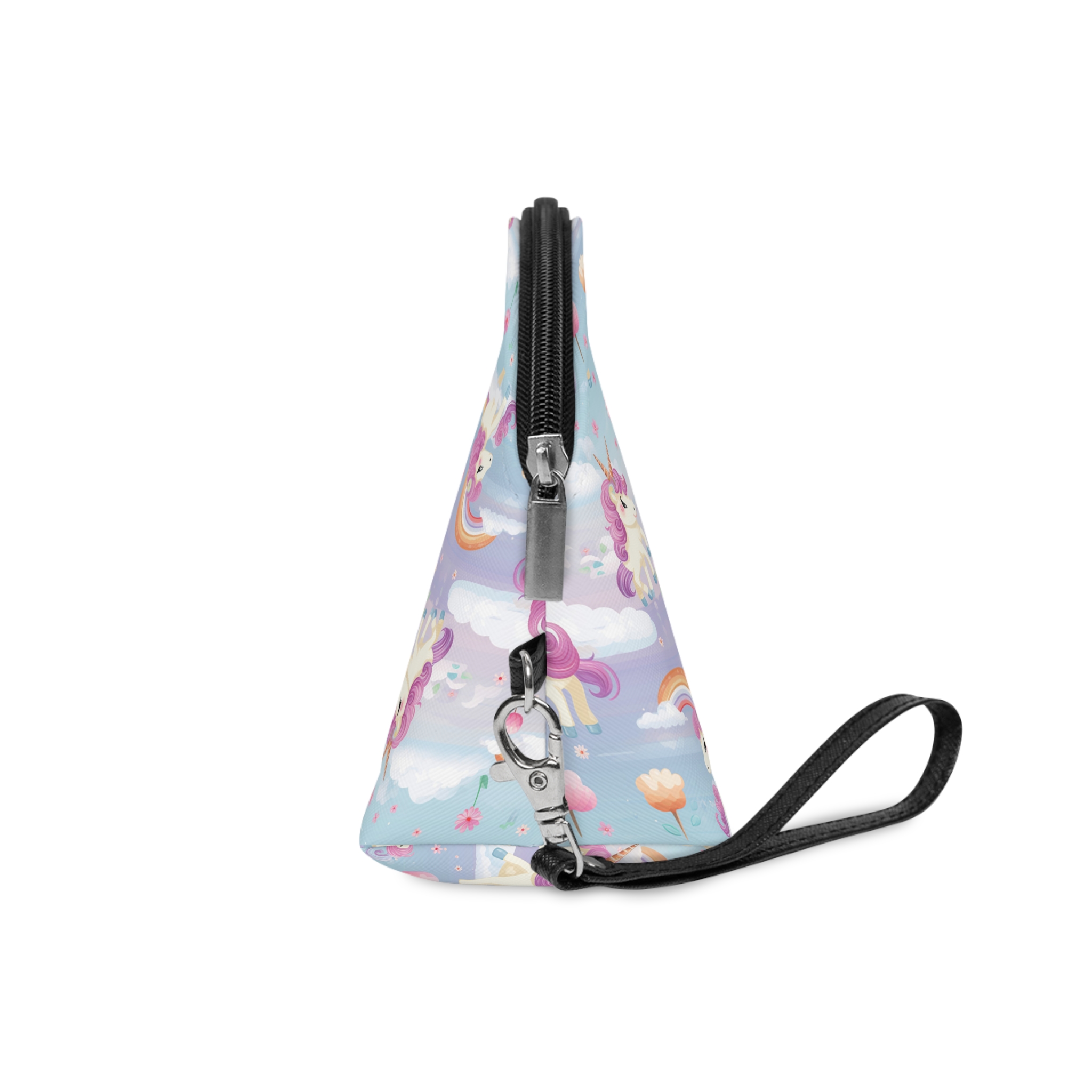 Playful Unicorns Flowers Clouds Rainbows Ice Creams Pastel Background (5) Makeup Bag - Image 3