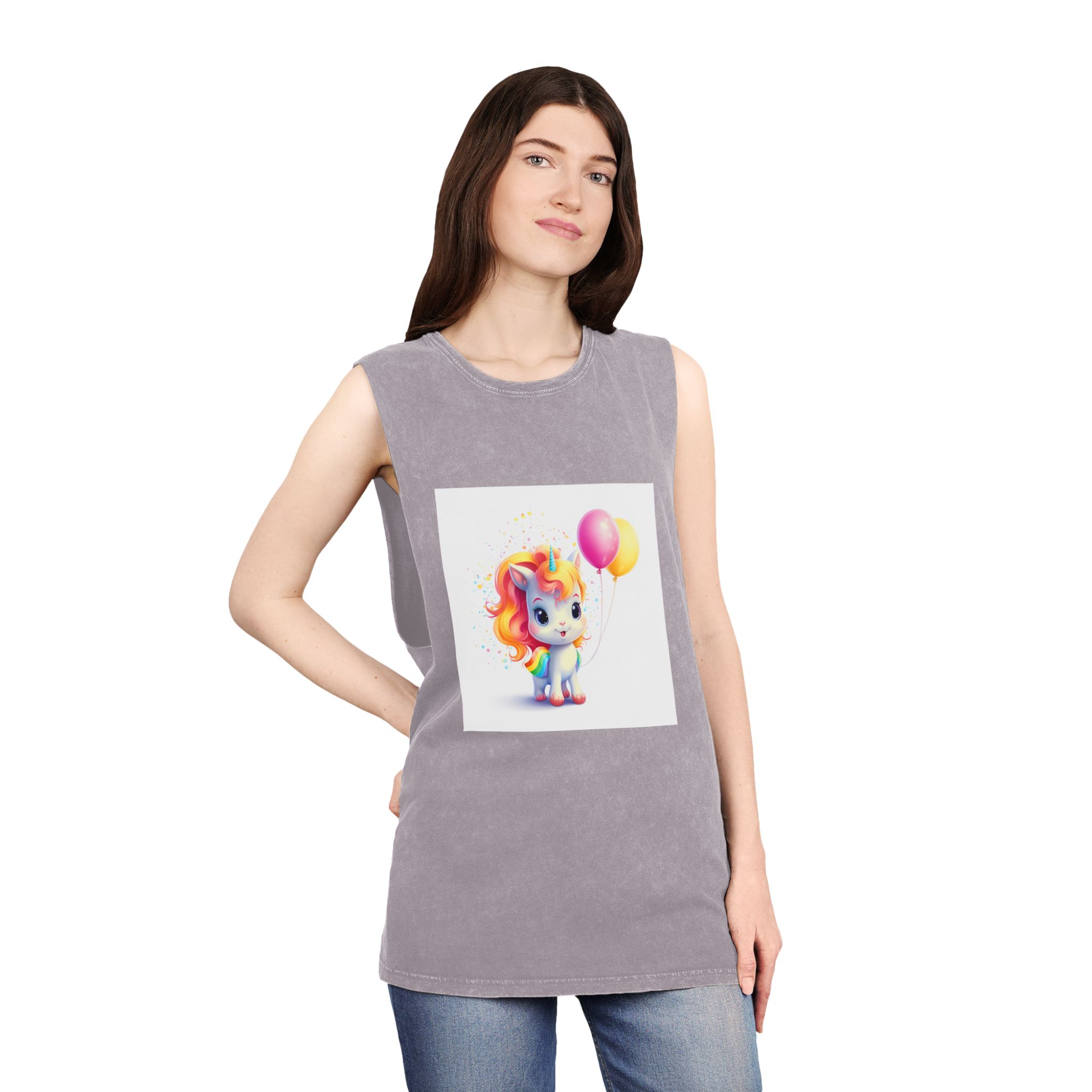 Cartoon Unicorn With Rainbow Mane Balloon Generative Ai (1) Unisex Stonewash Tank Top - Image 20