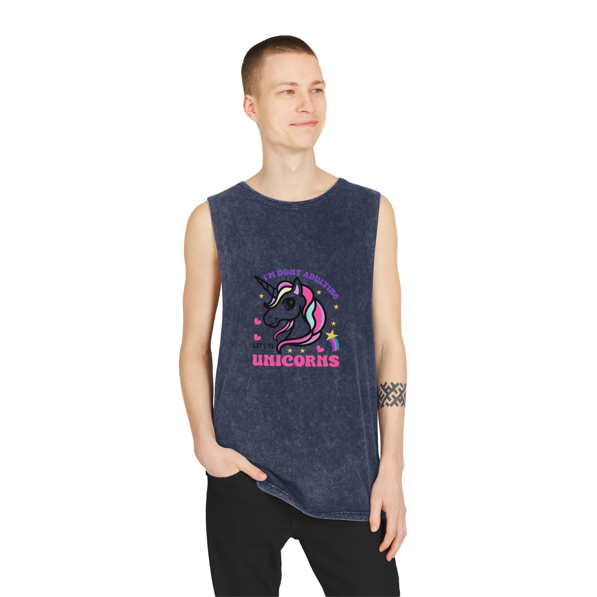 Cute Unicorn Illustration With Rainbow Stars Hearts Unisex Stonewash Tank Top - Image 15