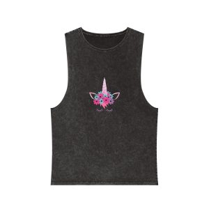 Unicorn Face Flowers Pink Unisex Stonewash Tank Top