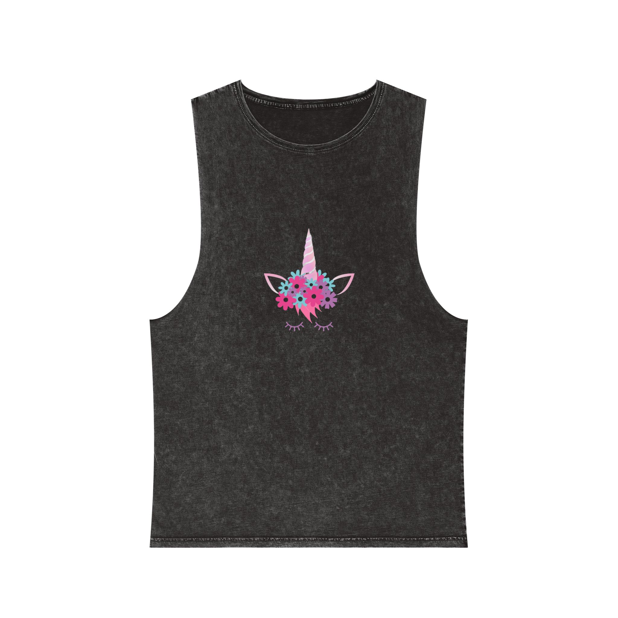 Unicorn Face Flowers Pink Unisex Stonewash Tank Top