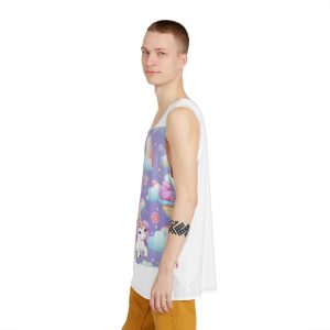 Playful Unicorns Among Flowers Clouds Rainbows Ice Creams Pastel Background (7) Mens Tank Aop