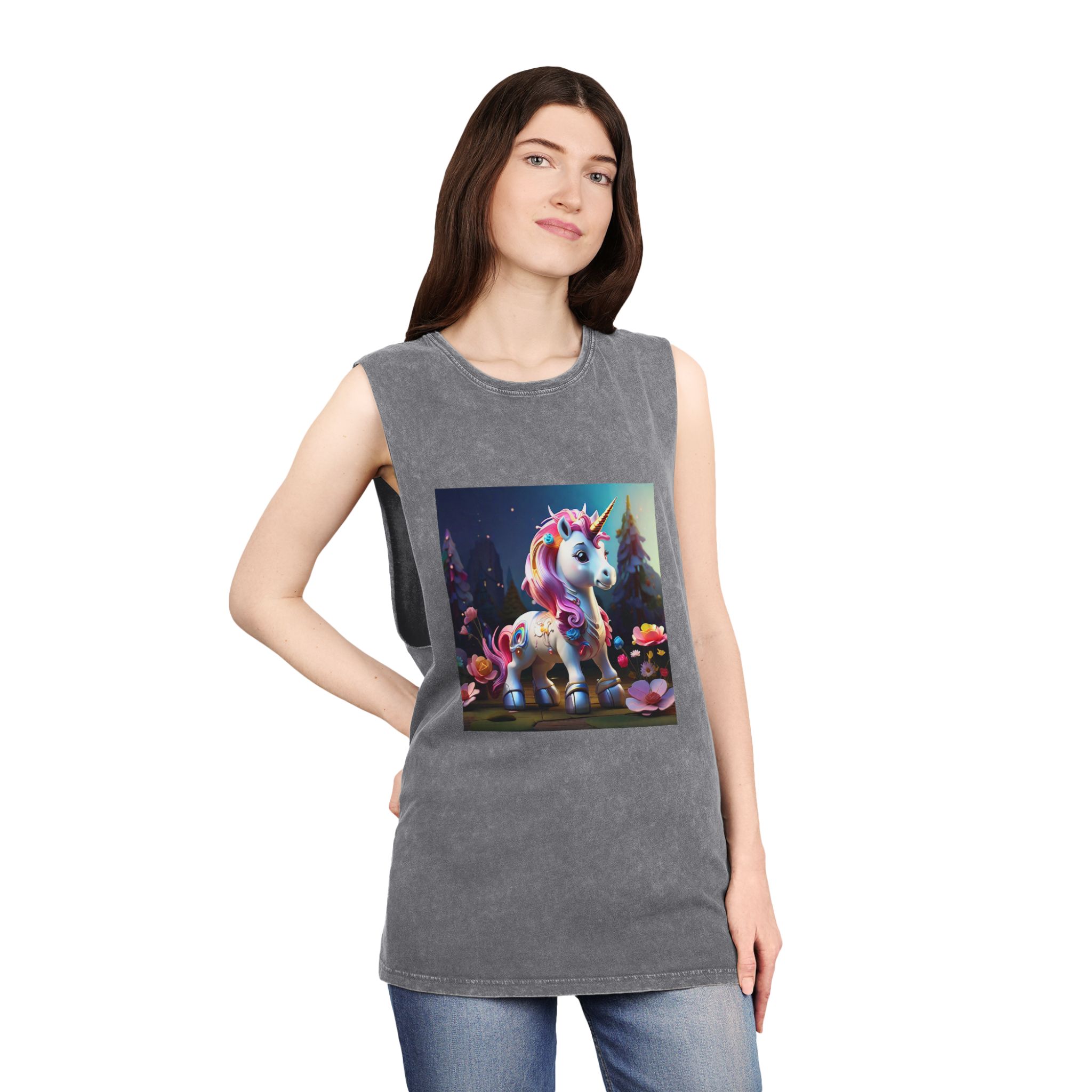 Animated Unicorn Children Generated By Ai (16) Unisex Stonewash Tank Top - Image 12