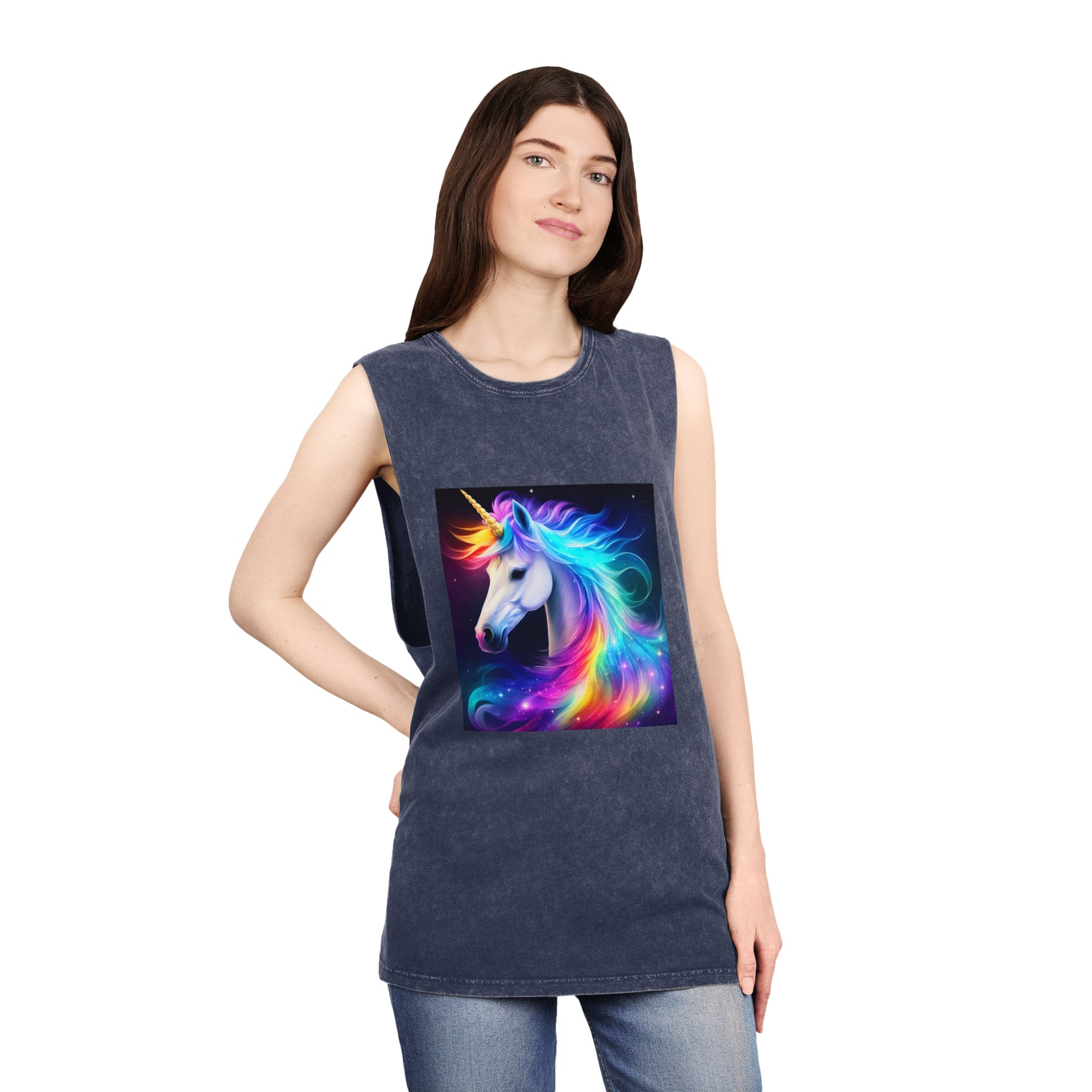 Portrait Unicorn Isolated Stars Background Generative Artificial Intelligence Unisex Stonewash Tank Top - Image 16