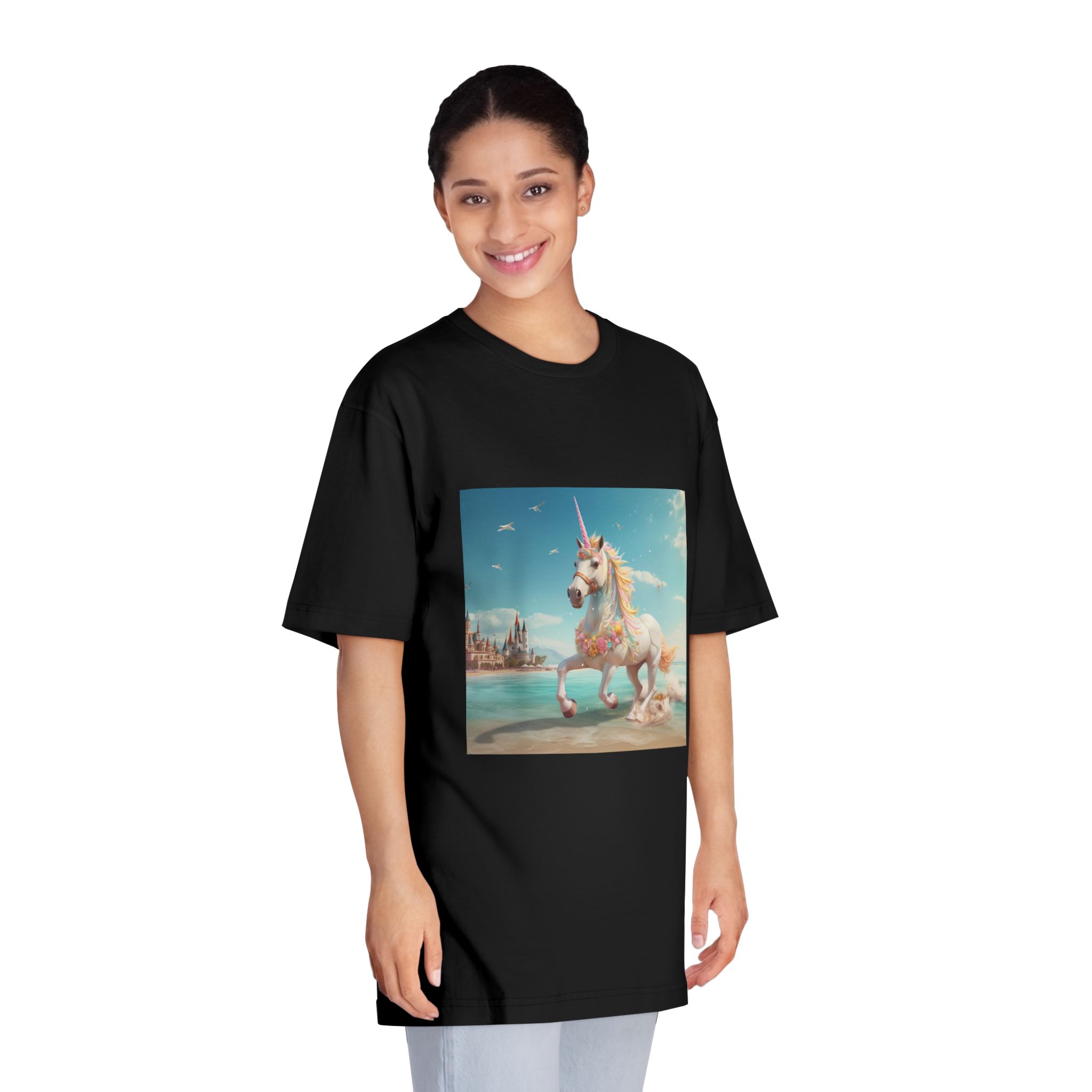 There Is Unicorn Running Beach With Castle Background Generative Ai Unisex Classic Crewneck T Shirt - Image 7
