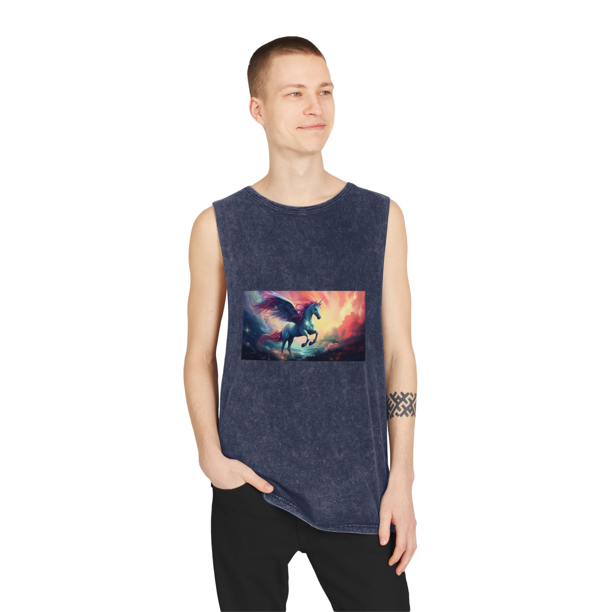 Painting Unicorn With Wings Flying Lake Generative Ai Unisex Stonewash Tank Top - Image 15