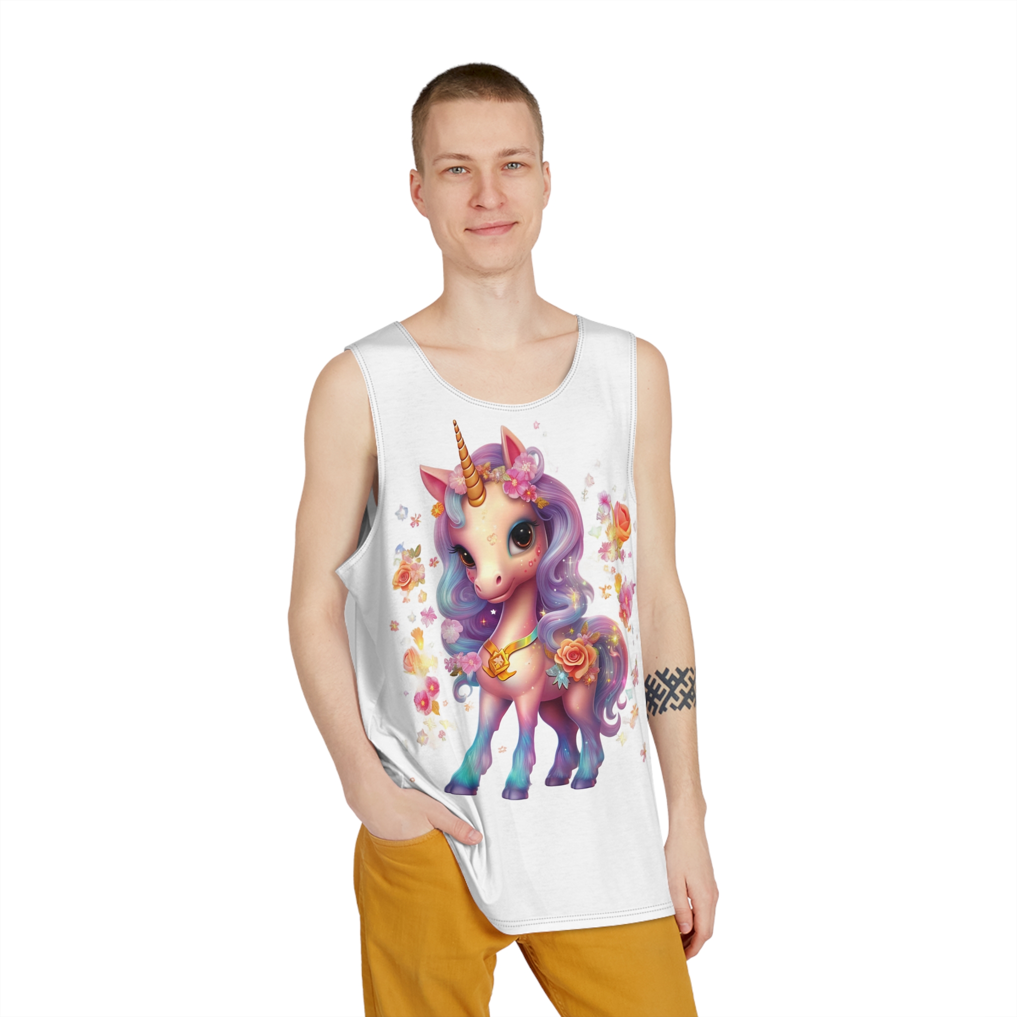 Illustration Unicorn Cartoon With Flower White Background Generative Ai (1) Mens Tank Aop - Image 3