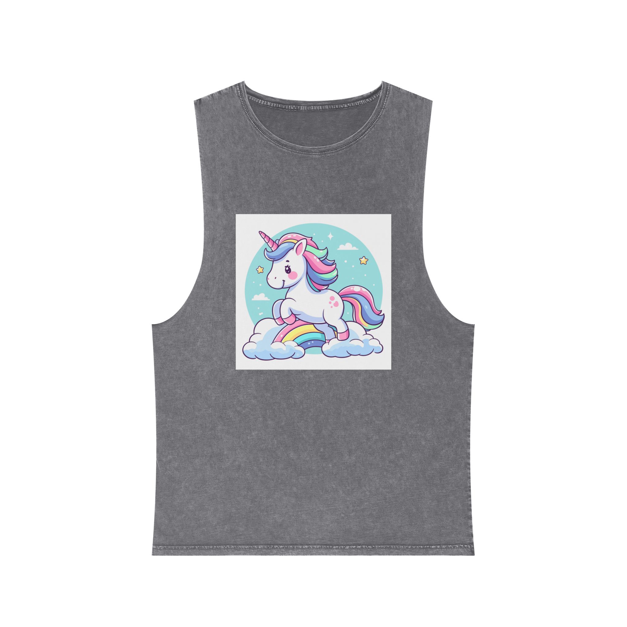 Cartoon Unicorn With Rainbow Its Tail Unisex Stonewash Tank Top - Image 9