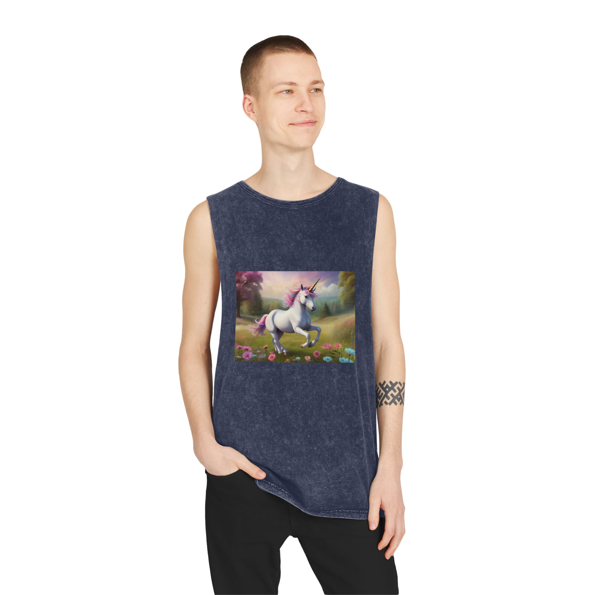 Beautiful Unicorn Running Magical Meadow Unicorn Background Images Whimsical Unicorn (85) Unisex Stonewash Tank Top - Image 15