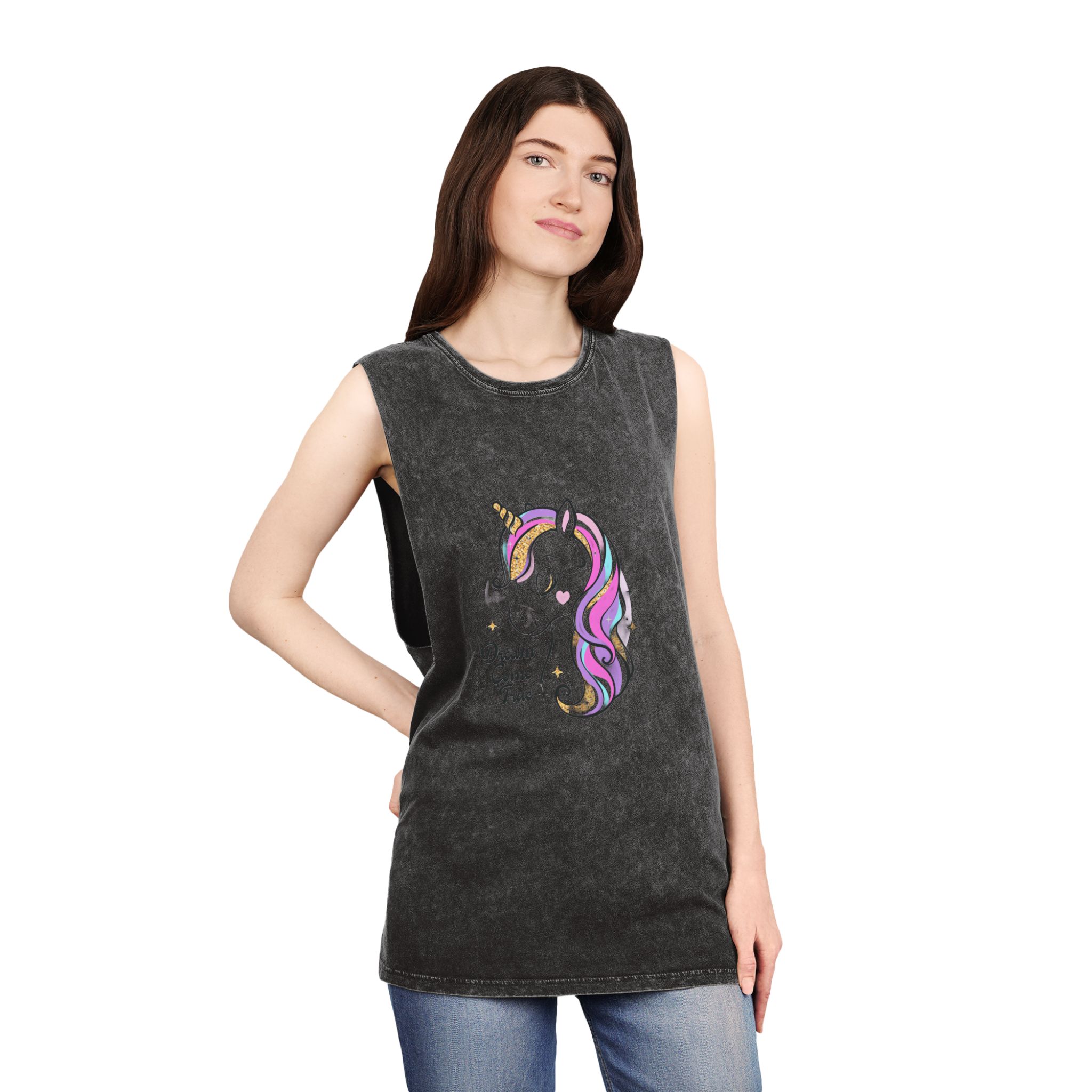 Art Beautiful Cartoon Little Unicorn On A White Background Sequins Print For Clothes and T Shirts Vector Illustration Fan T Shirt Design Vector Print Unisex Stonewash Tank Top - Image 4