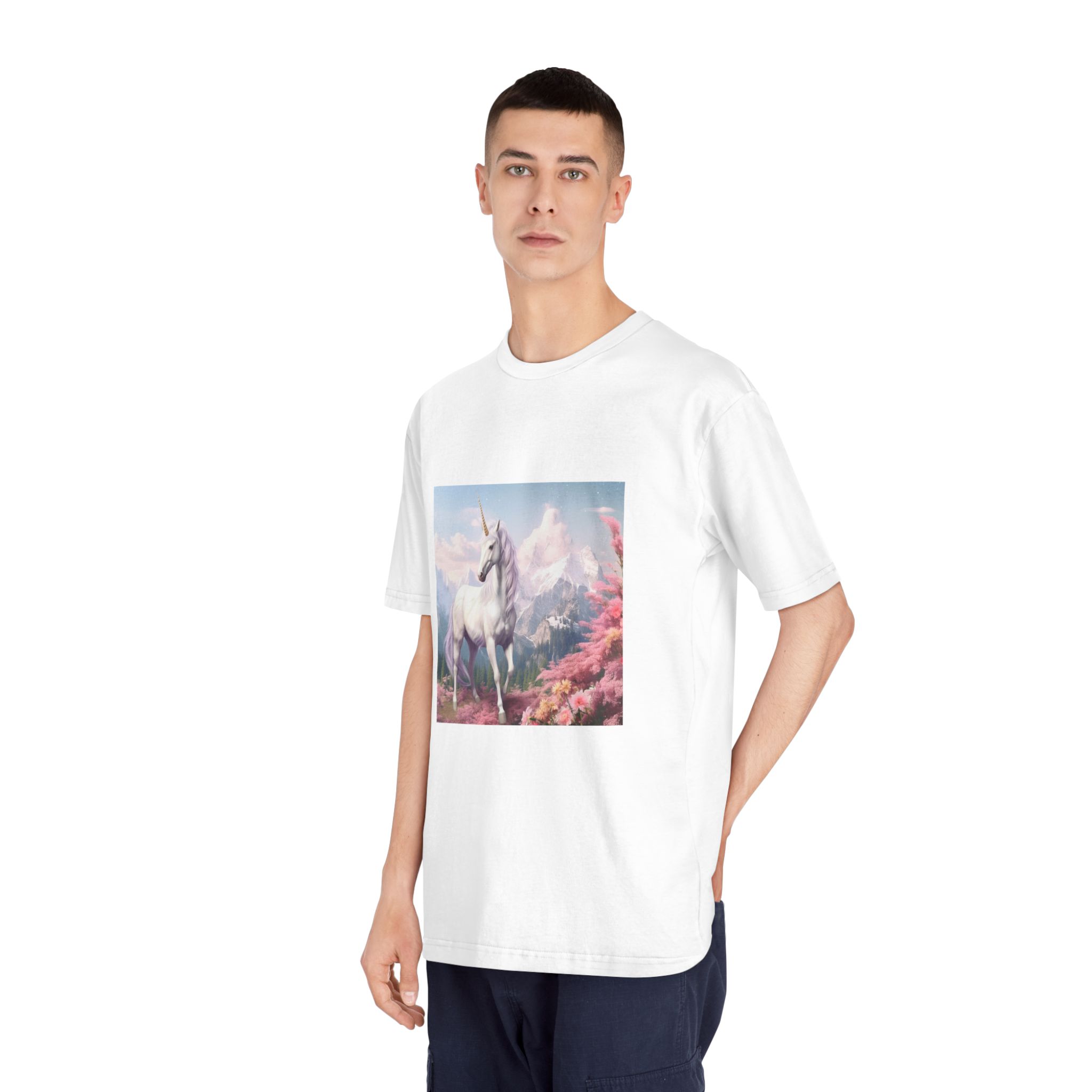 Unicorn Standing Field Flowers With Mountains Background Generative Ai Unisex Classic Crewneck T Shirt - Image 4