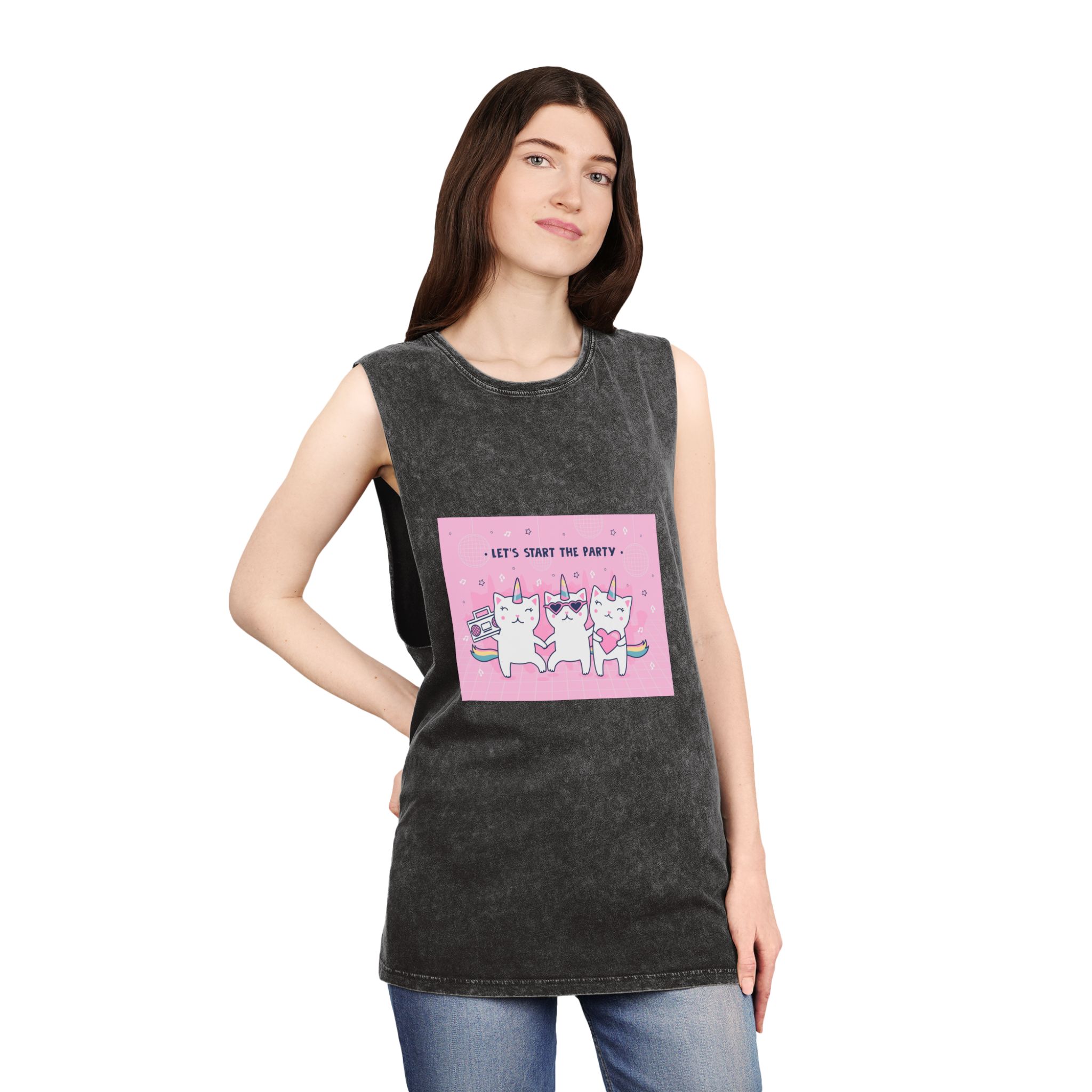 Cover Design With Unicorn Cats Unisex Stonewash Tank Top - Image 4