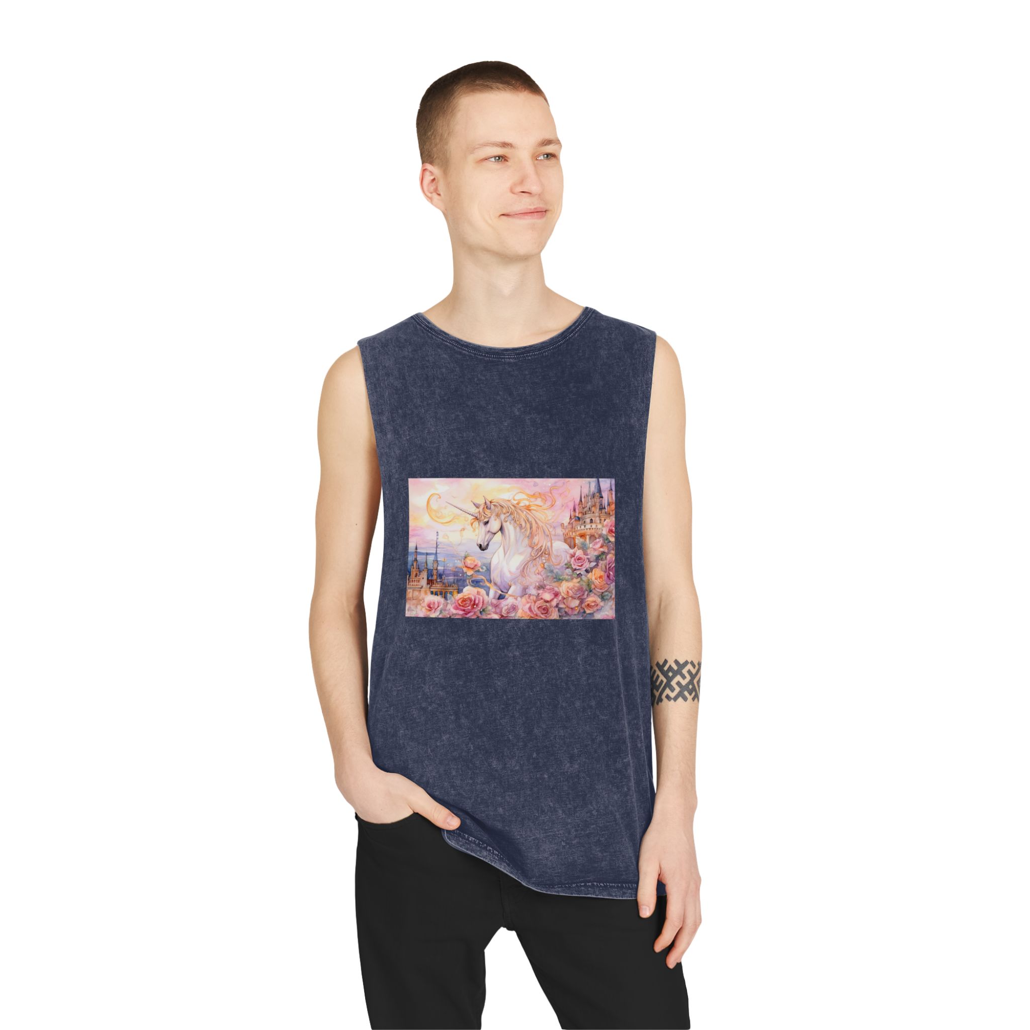 Painting Unicorn Castle With Roses Castle Background Generative Ai Unisex Stonewash Tank Top - Image 15