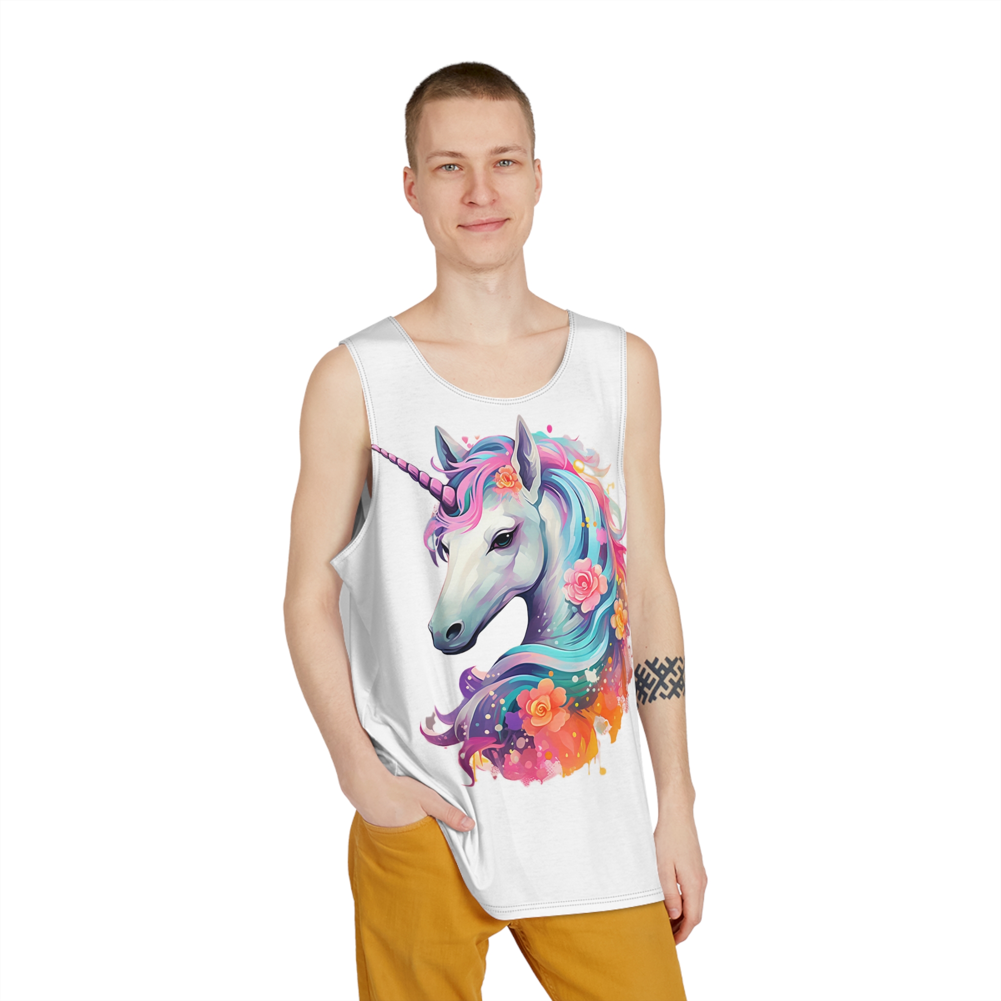 Unicorn Head Colorful Art White Background (2) Mens Tank Aop - Image 3