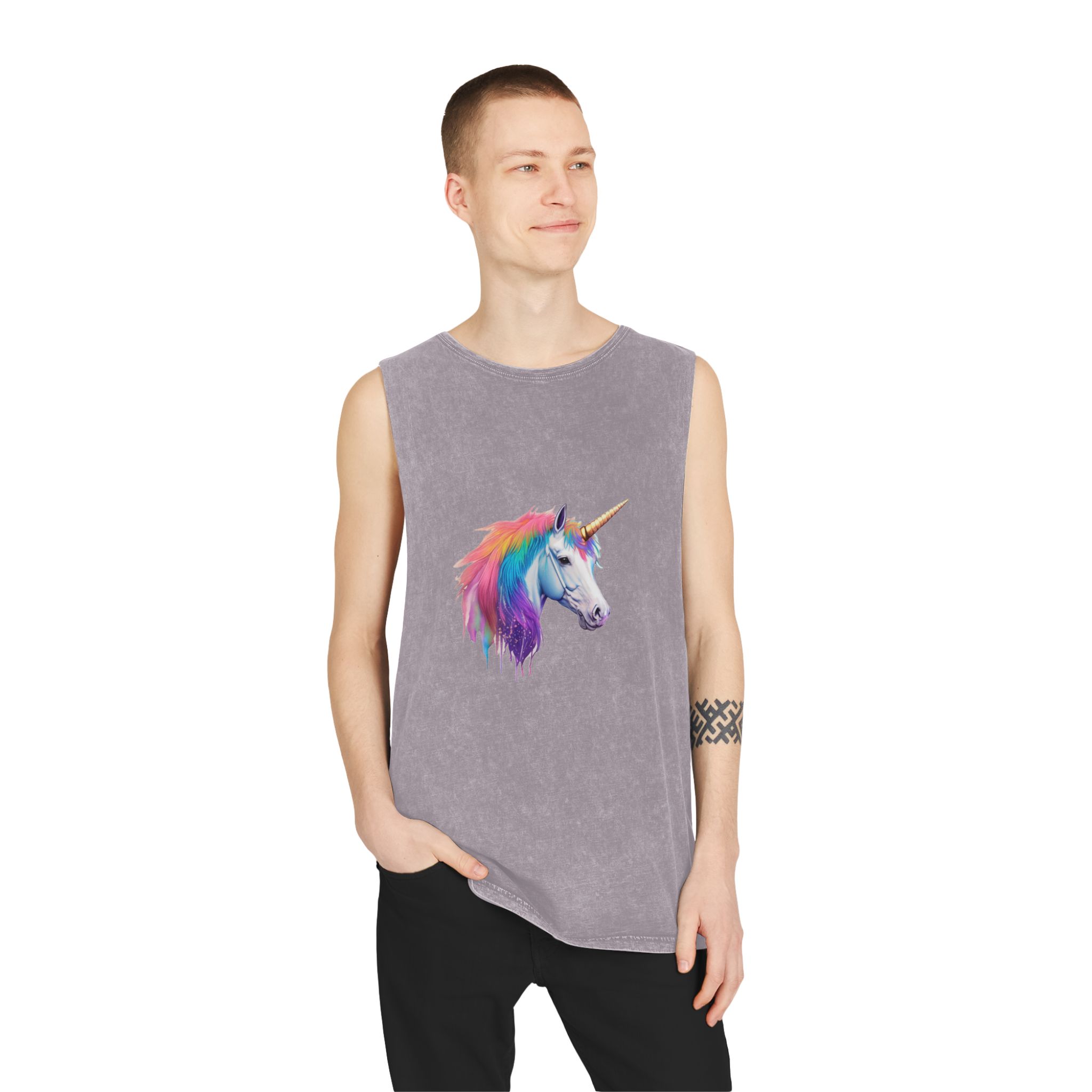 Unicorn Head With Rainbow Mane Horn White Background Unisex Stonewash Tank Top - Image 19