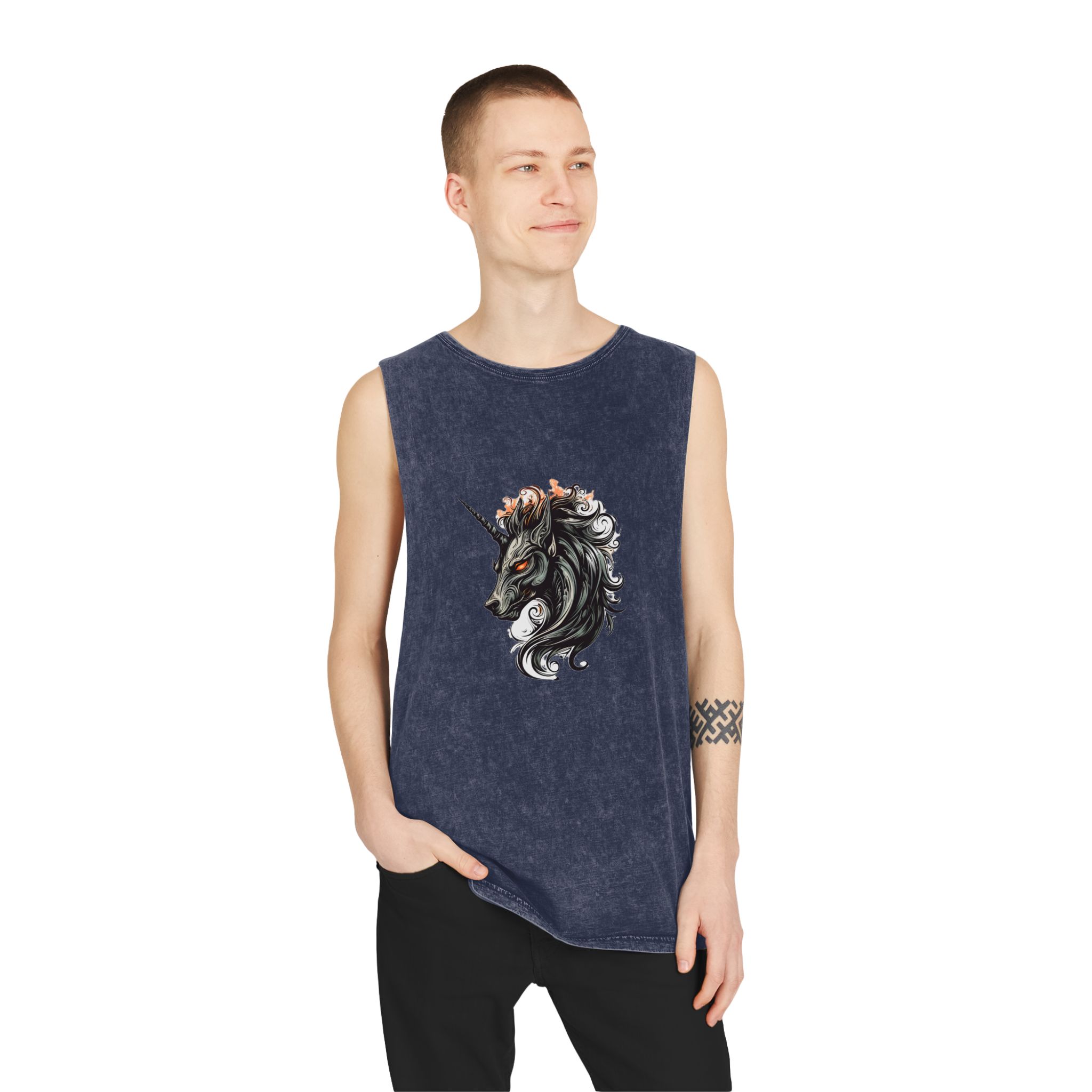 Unicorn Head Tshirt Tattoo Design Dark Art Illustration Isolated White Unisex Stonewash Tank Top - Image 15