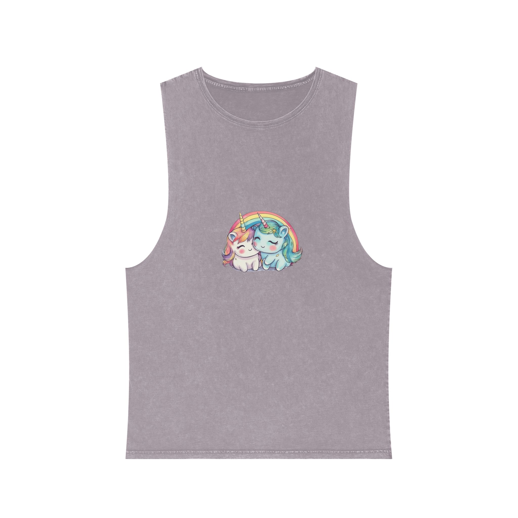 Pair Adorable Light Blue Pink Unicorns Isolated Rainbow Colors Background (1) Unisex Stonewash Tank Top - Image 17