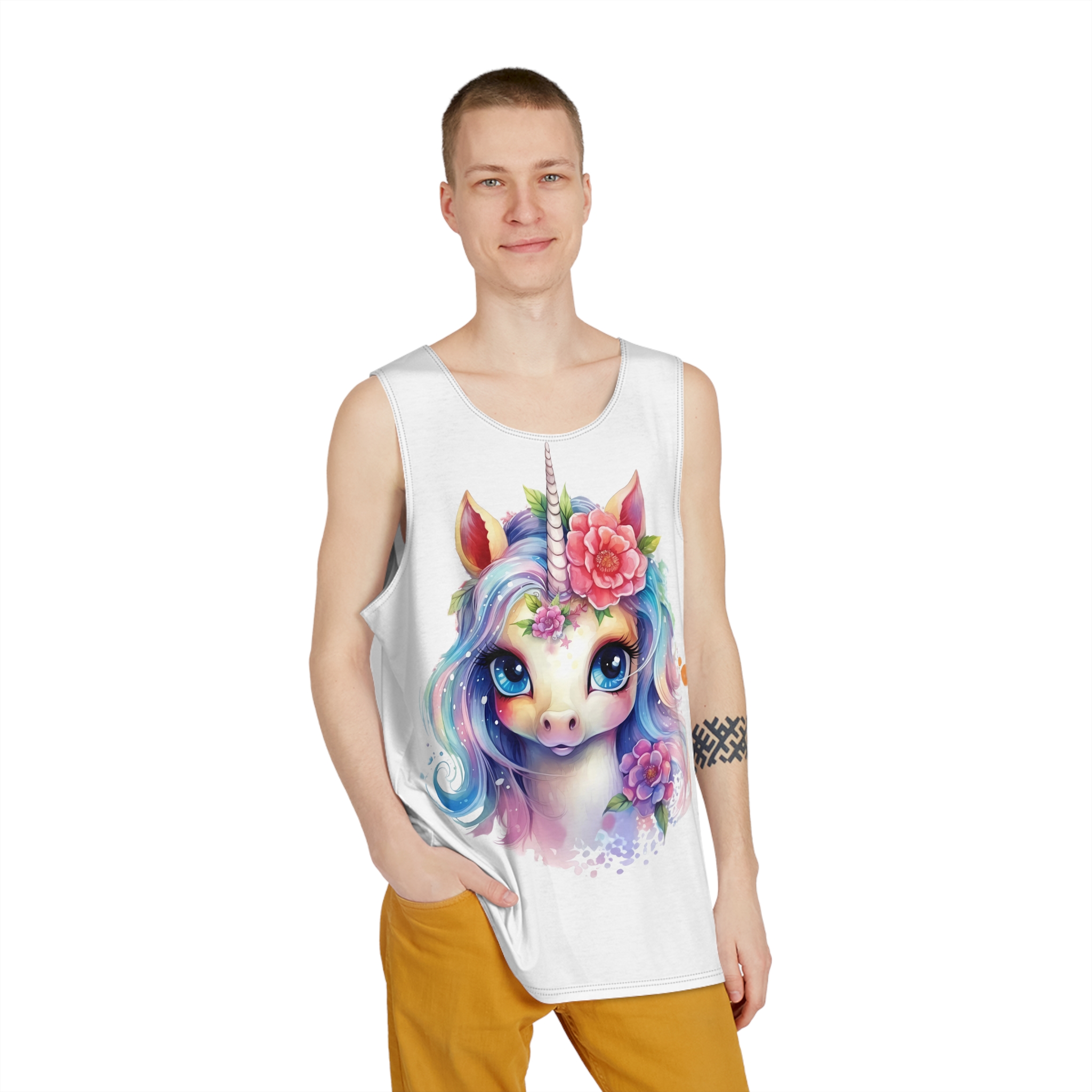 Cute Colorful Magic Unicorn With Flowers Watercolor Style (8) Mens Tank Aop - Image 3