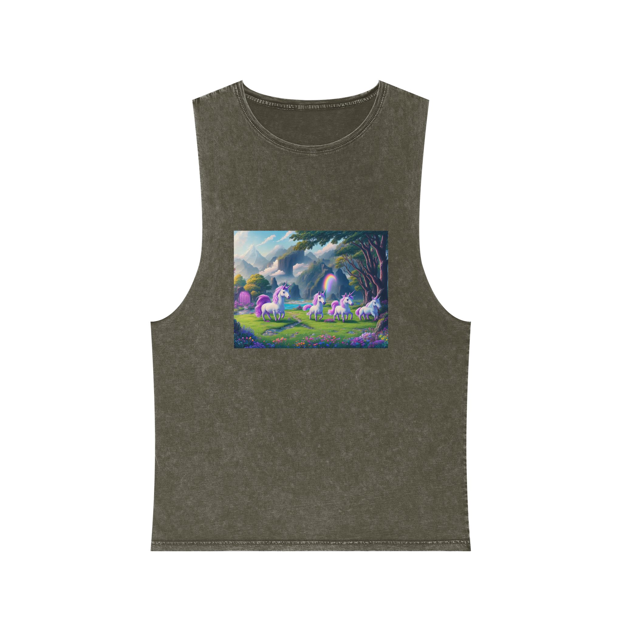 Painting Group Unicorns Landscape With Mountains Background Unisex Stonewash Tank Top - Image 5