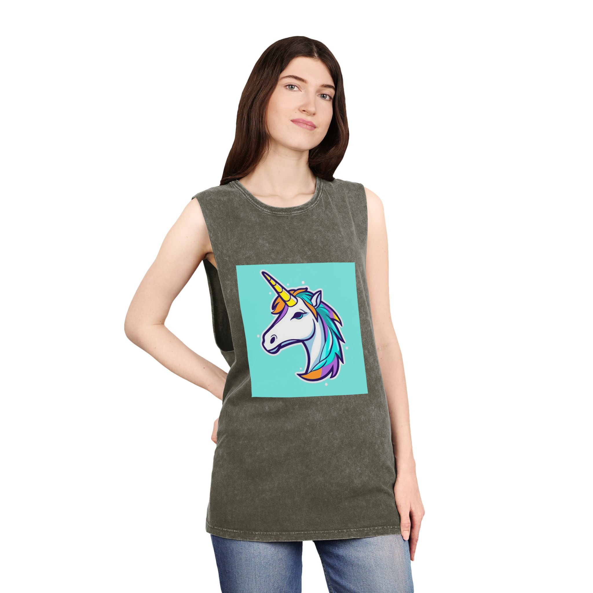 Cartoon Unicorn Head Vector With Maximum 16 Colors I 3 Unisex Stonewash Tank Top - Image 8