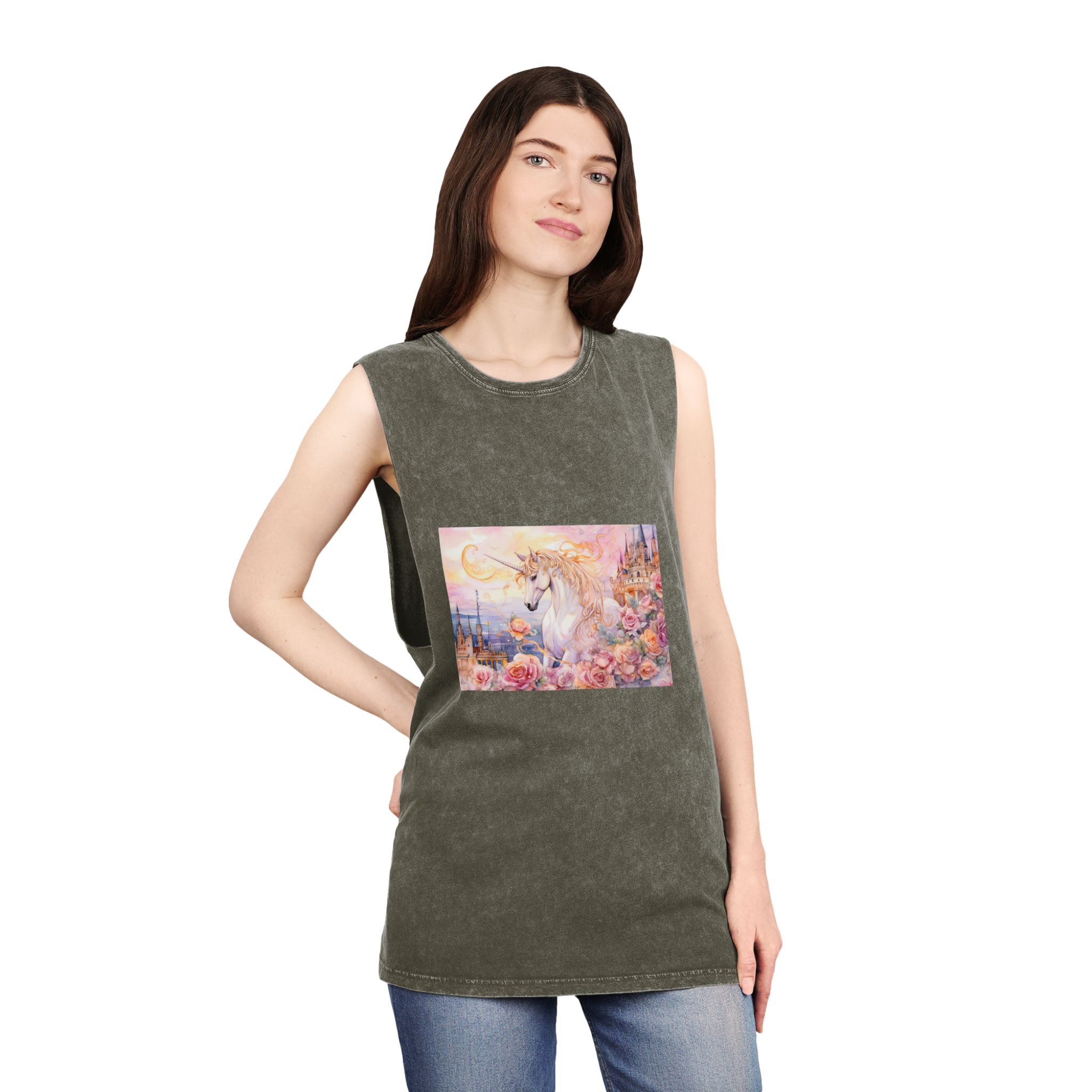 Painting Unicorn Castle With Roses Castle Background Generative Ai Unisex Stonewash Tank Top - Image 8
