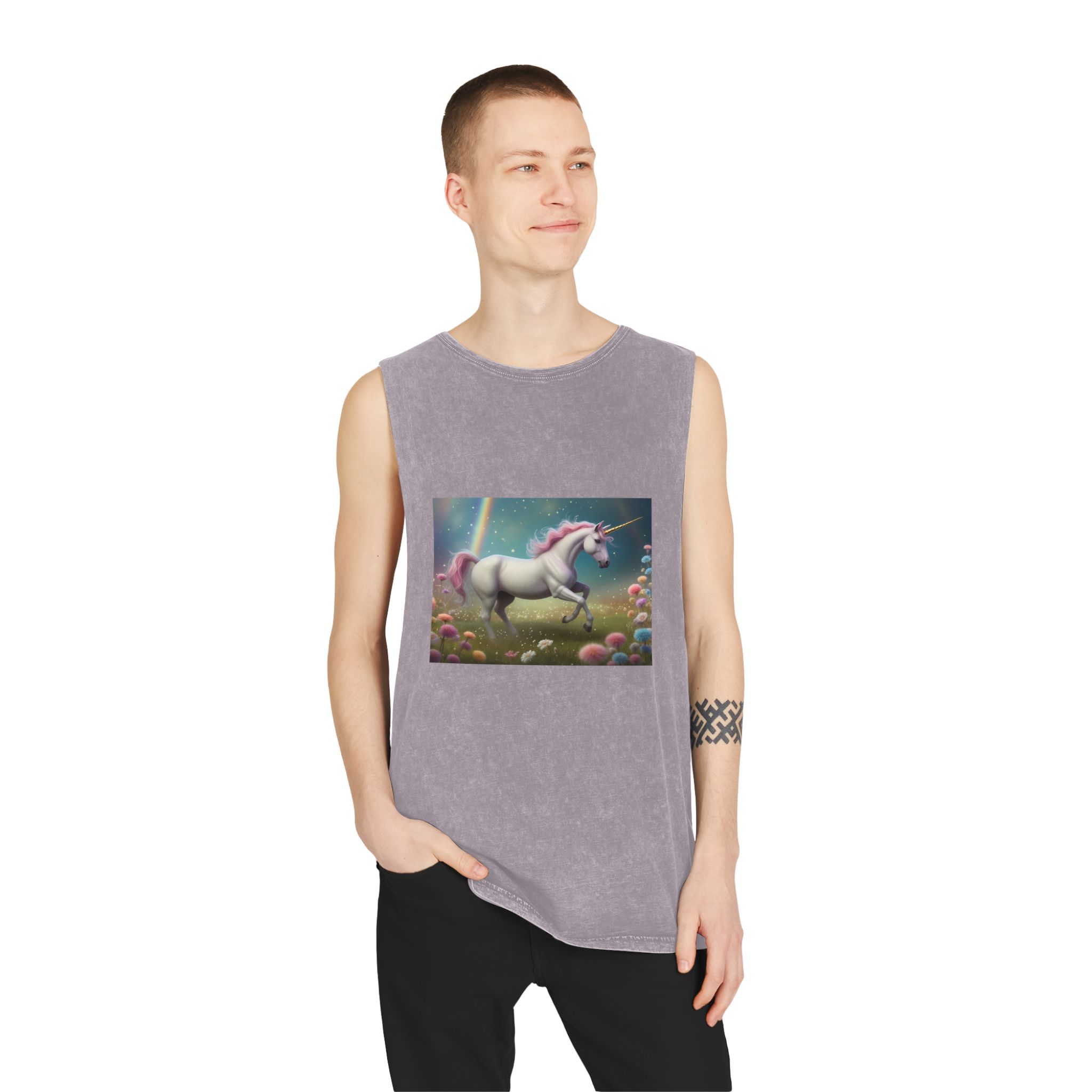Beautiful Unicorn Running Magical Meadow Unicorn Background Images Whimsical Unicorn (15) Unisex Stonewash Tank Top - Image 19