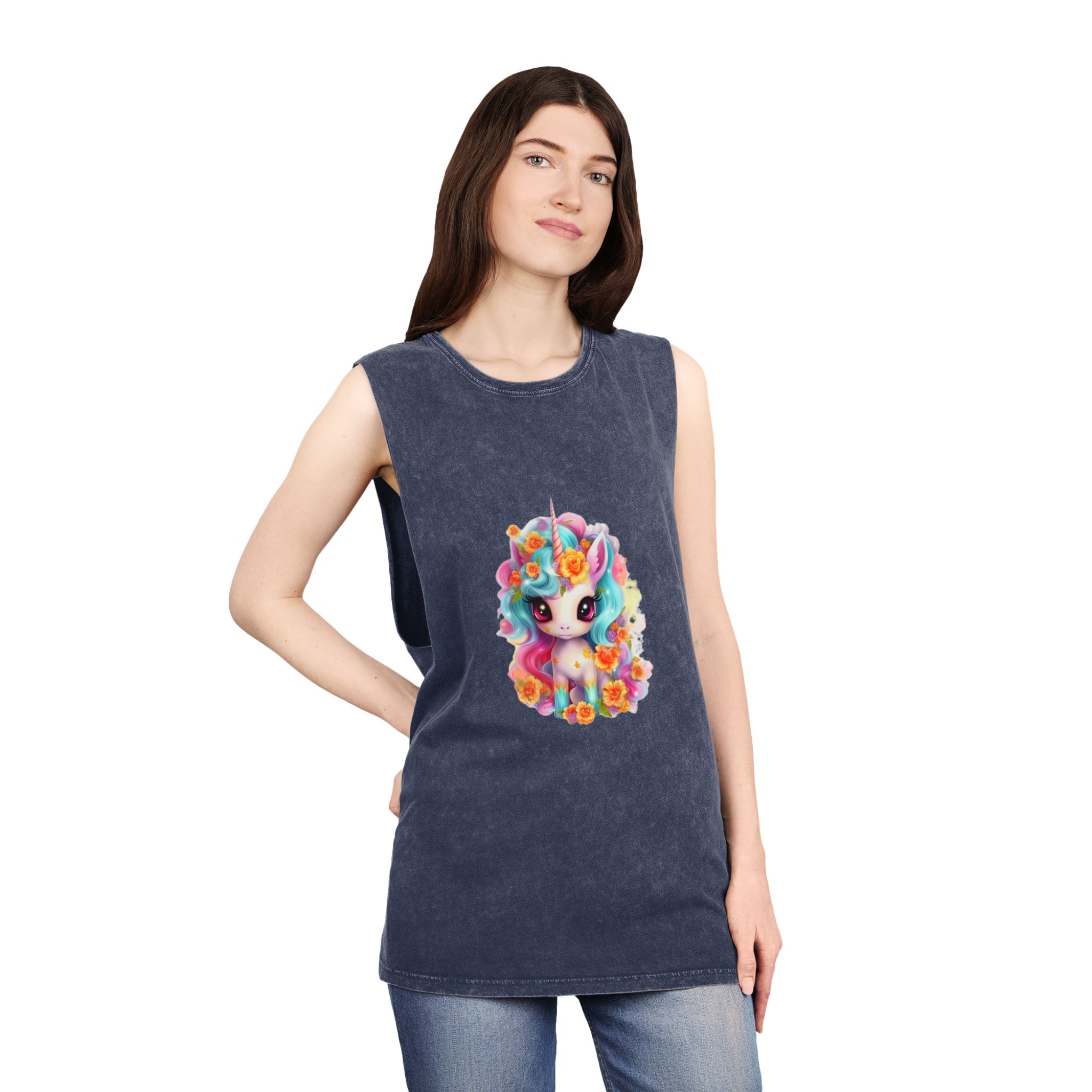 Illustration Unicorn Cartoon With Flower White Background Generative Ai (2) Unisex Stonewash Tank Top - Image 16