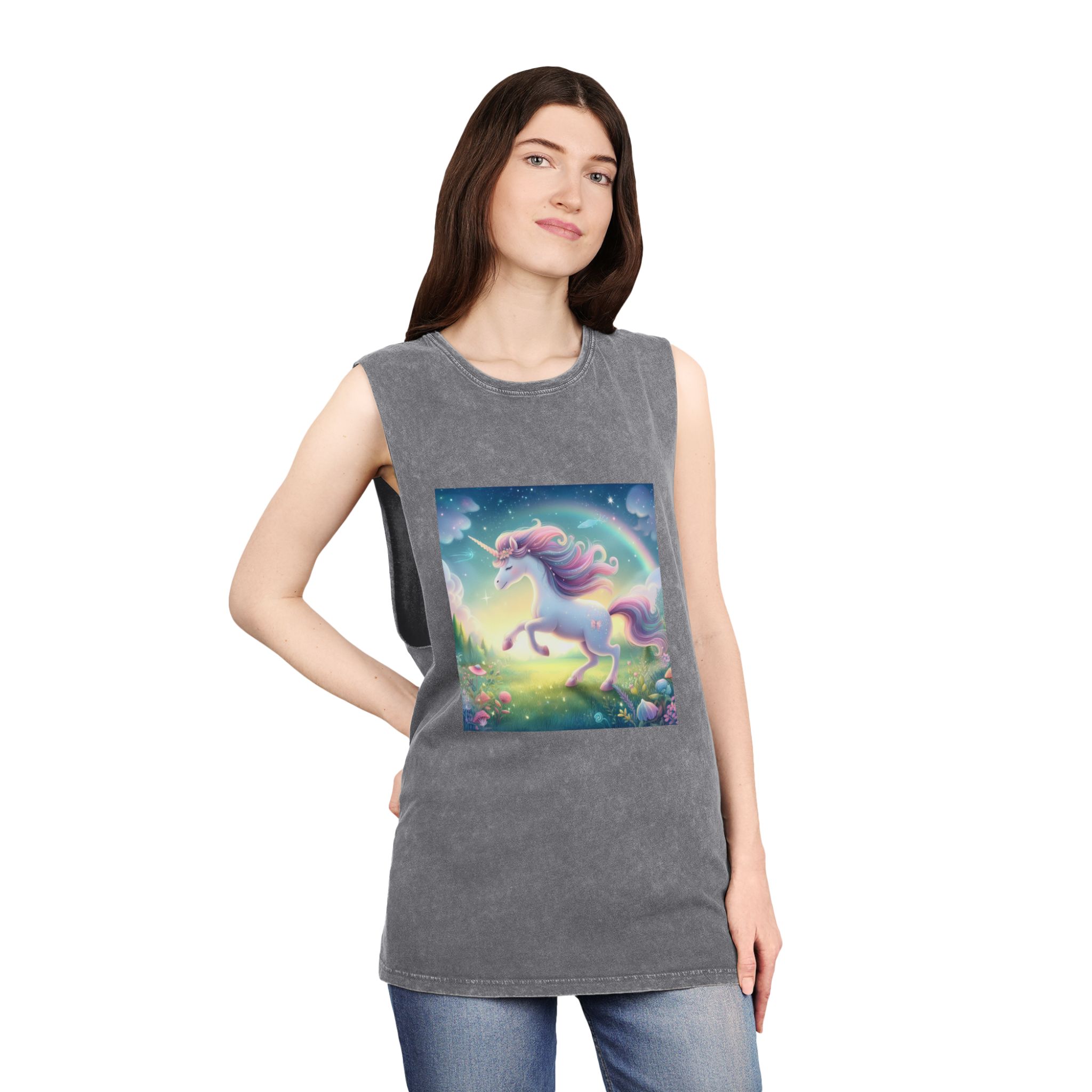 Beautiful Unicorn Running Magical Meadow Unicorn Background Images Whimsical Unicorn (21) Unisex Stonewash Tank Top - Image 12