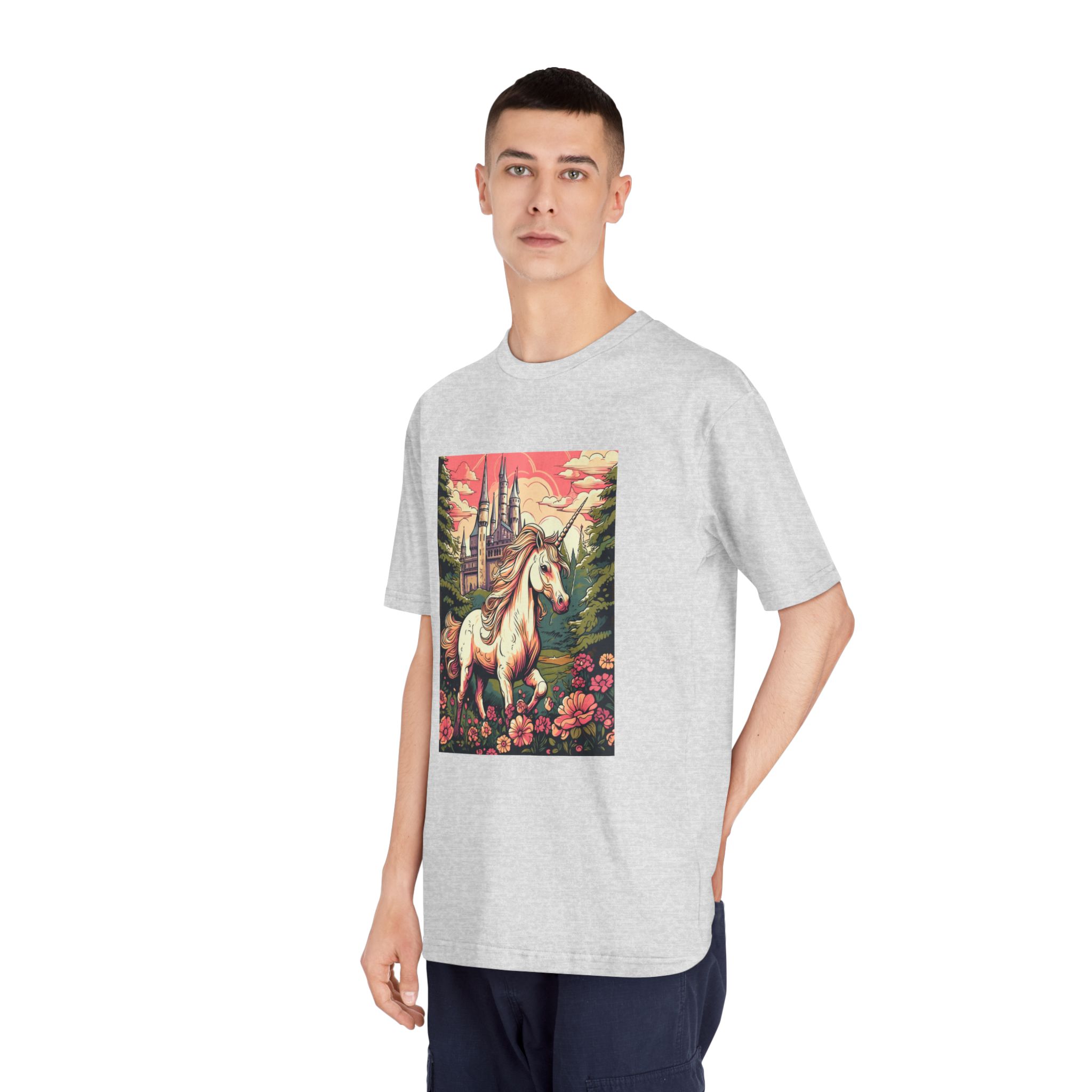Unicorn Front Castle With Flowers Trees Generative Ai Unisex Classic Crewneck T Shirt - Image 16