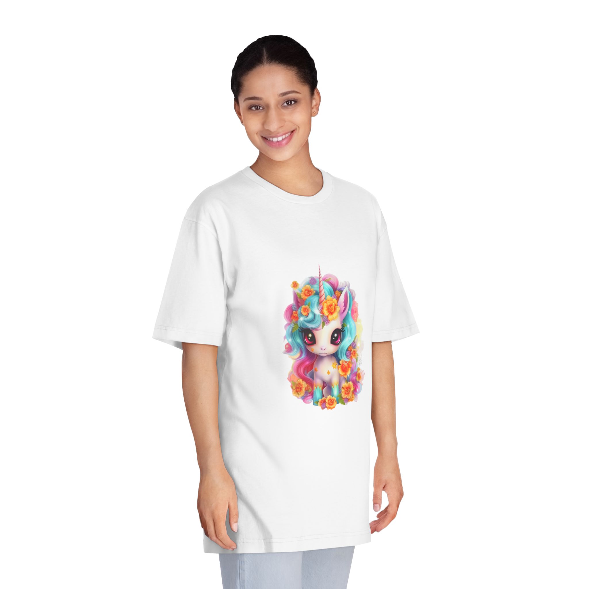 Illustration Unicorn Cartoon With Flower White Background Generative Ai (2) Unisex Classic Crewneck T Shirt - Image 3